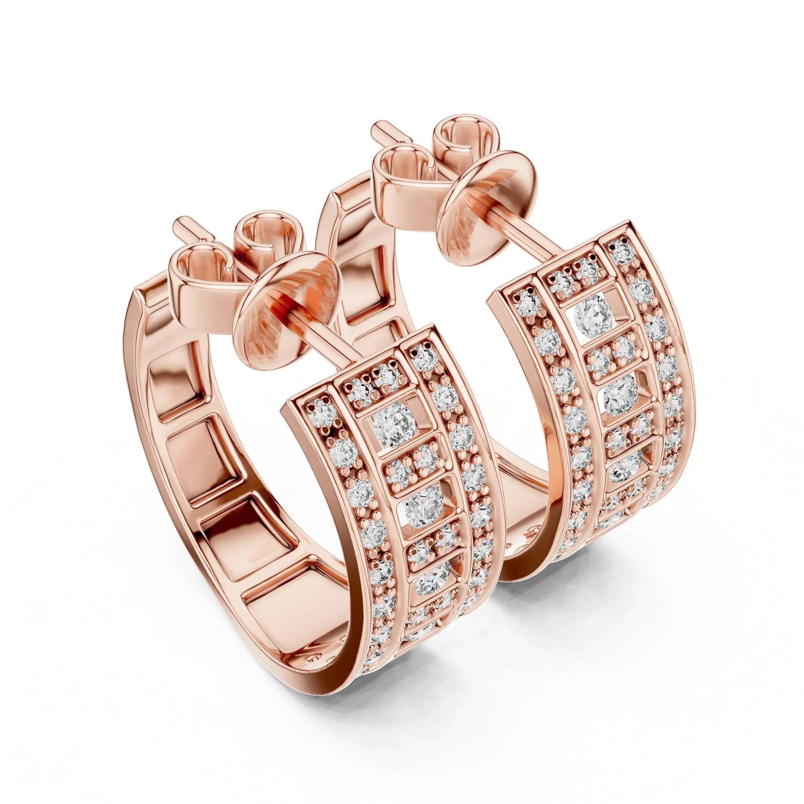Rose gold hoop earrings with lab grown diamond accents on a white background