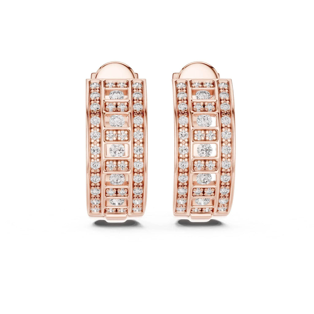 Rose gold hoop earrings with embedded lab grown diamonds on a white background