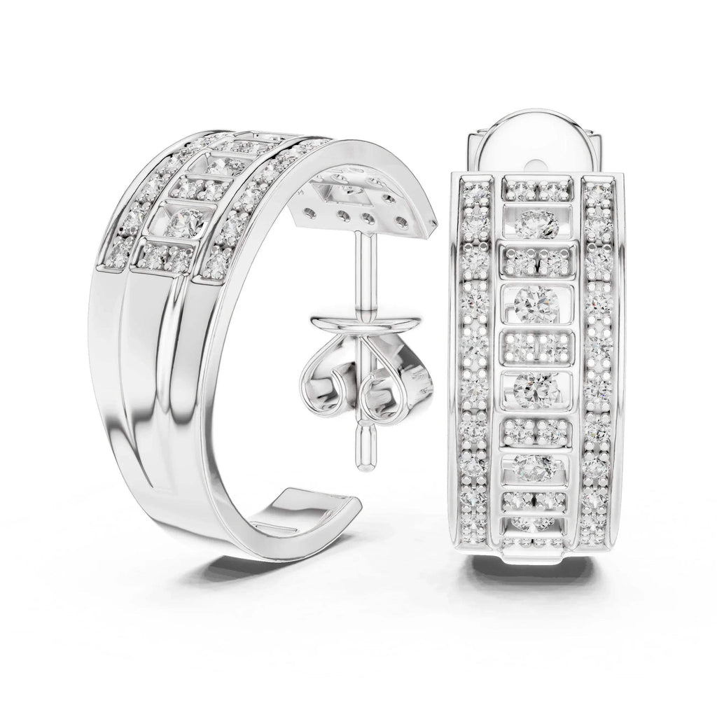 White gold hoop earrings with lab grown diamond accents on a white background