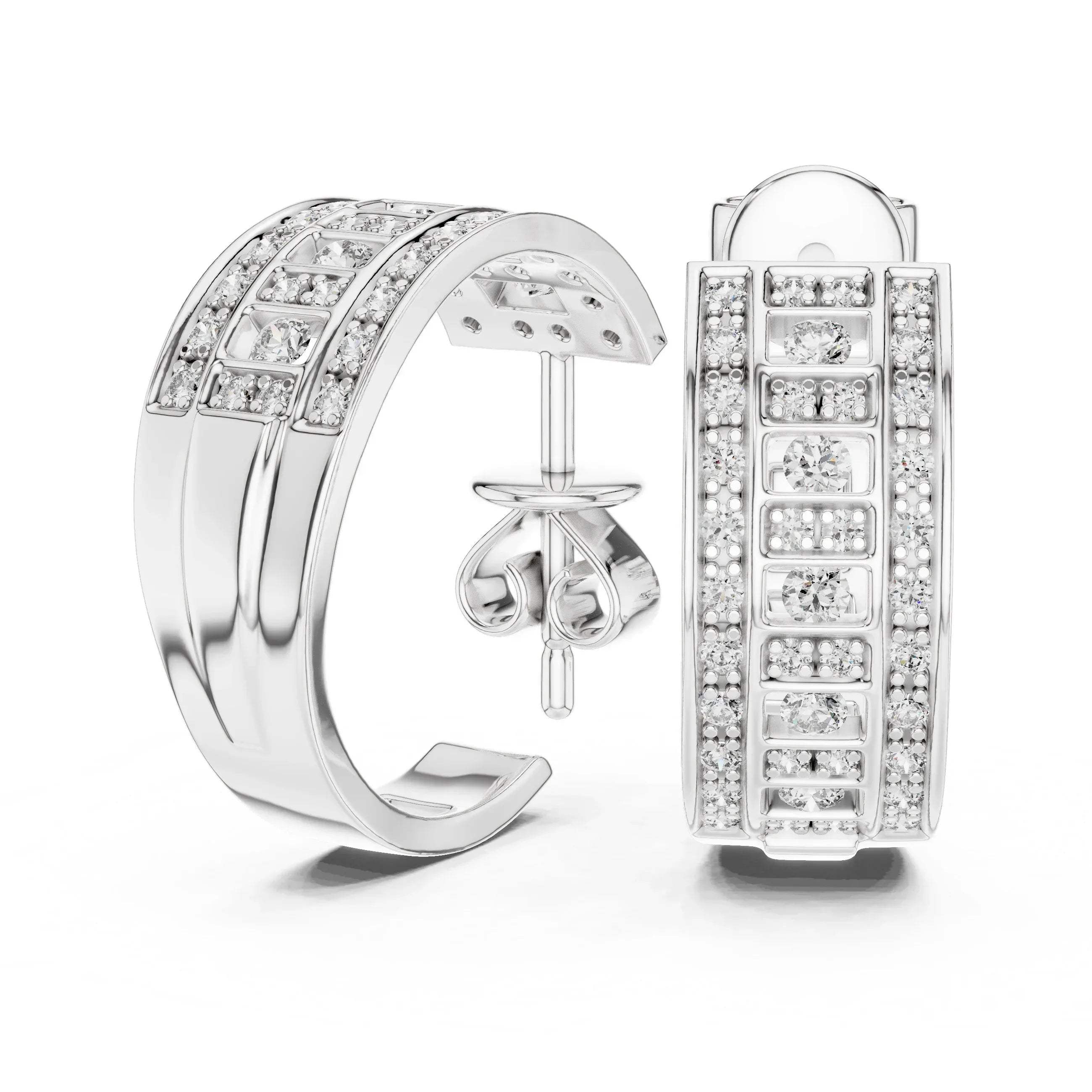 White gold hoop earrings with lab grown diamond accents on a white background