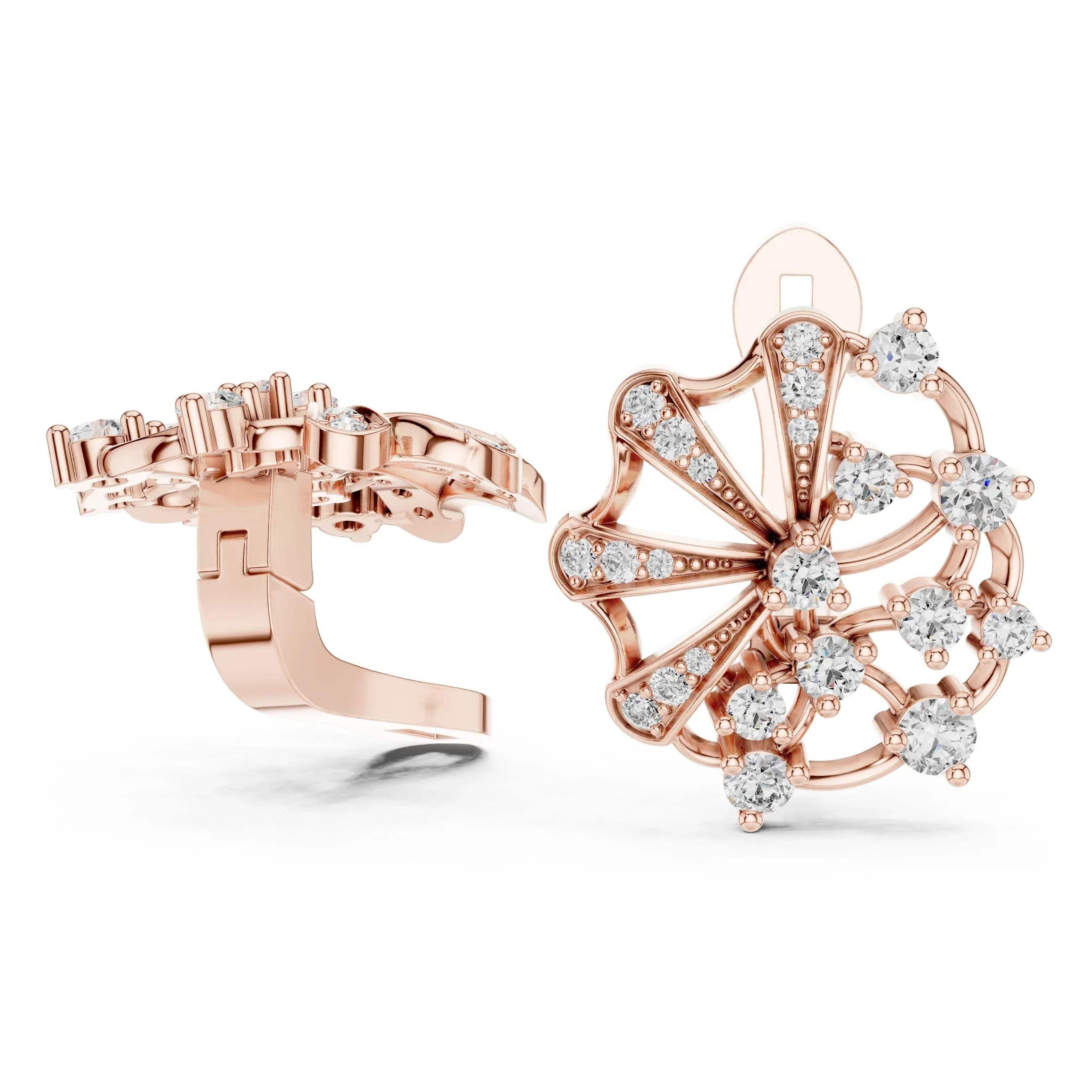Rose gold earring with lab grown diamond accents on a white background