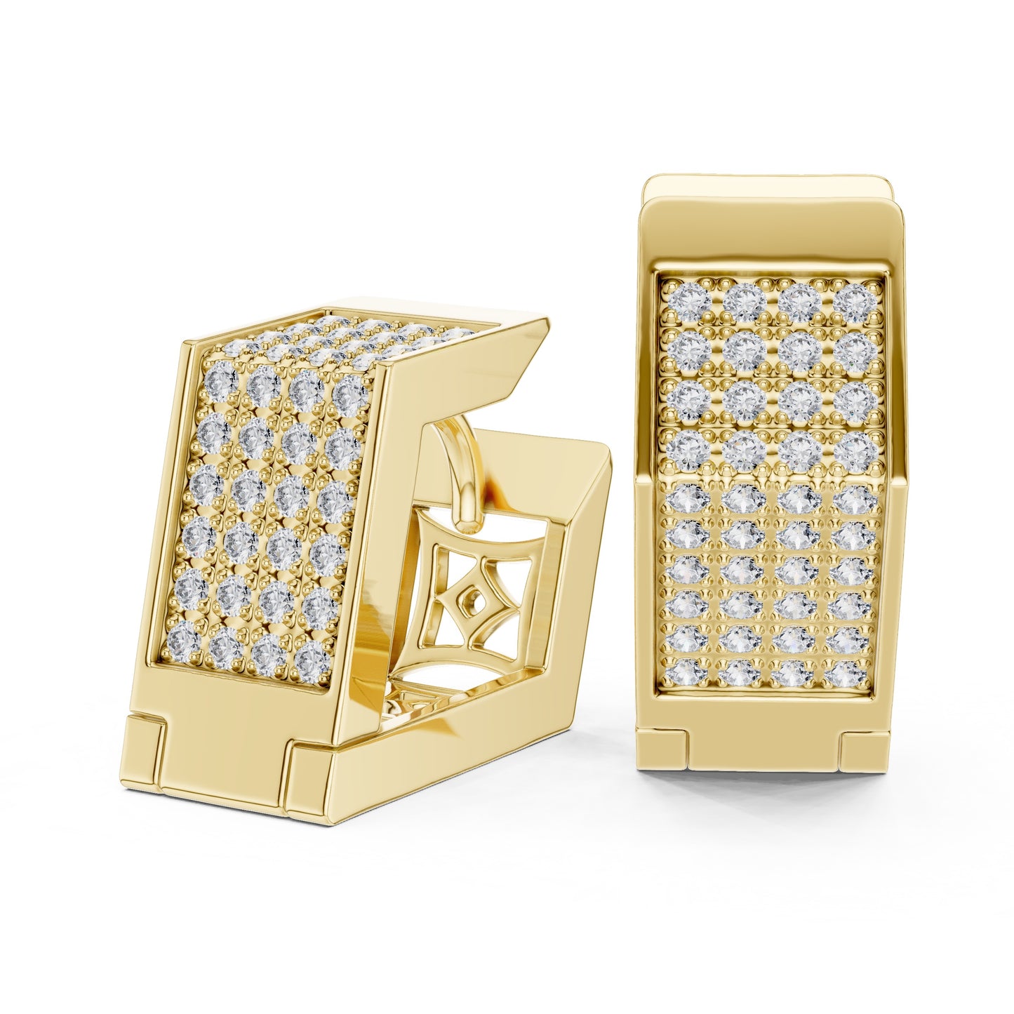 Yellow gold earrings with lab grown diamond accents on a white background