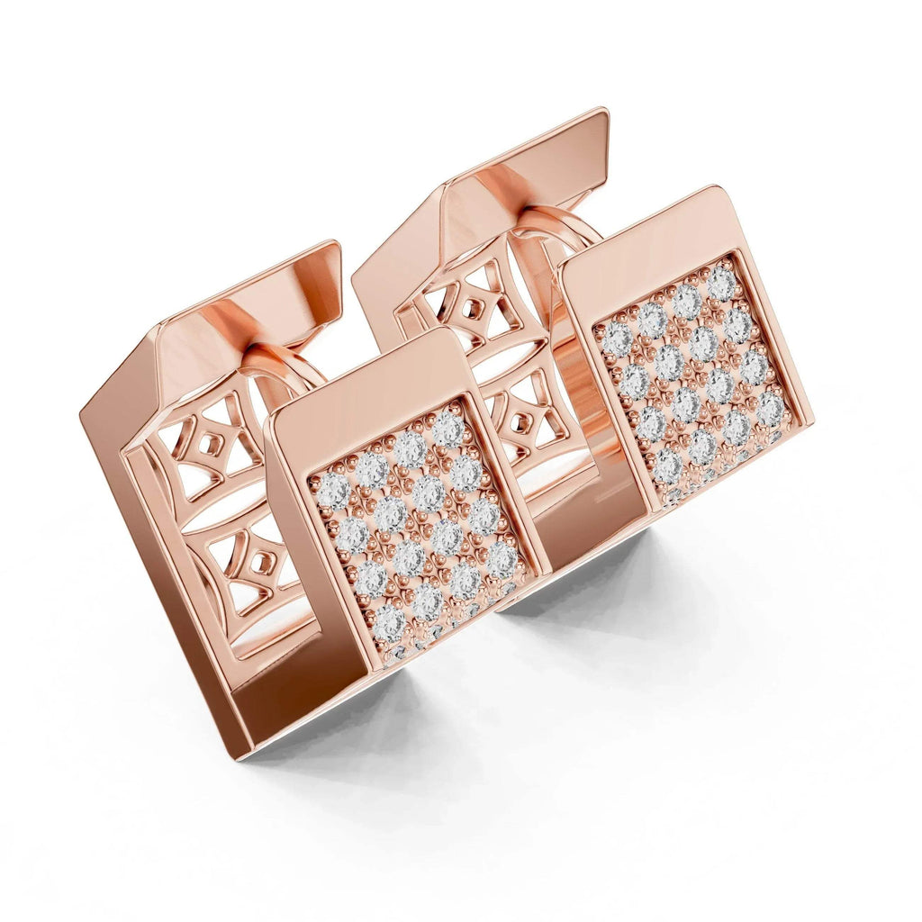 Rose gold earrings with lab grown diamond accents on a white background