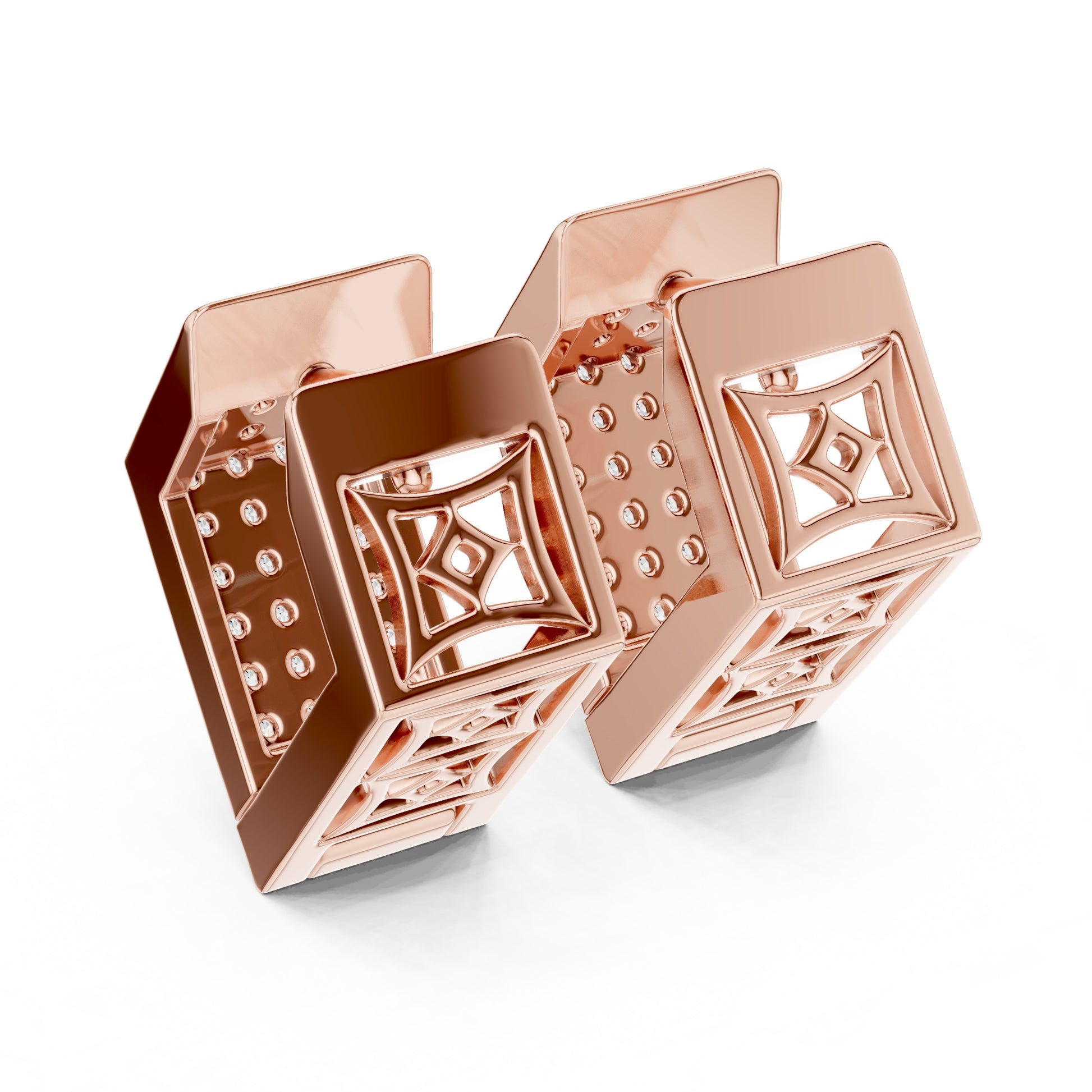 Rose gold geometric earrings with lab grown diamonds on a white background