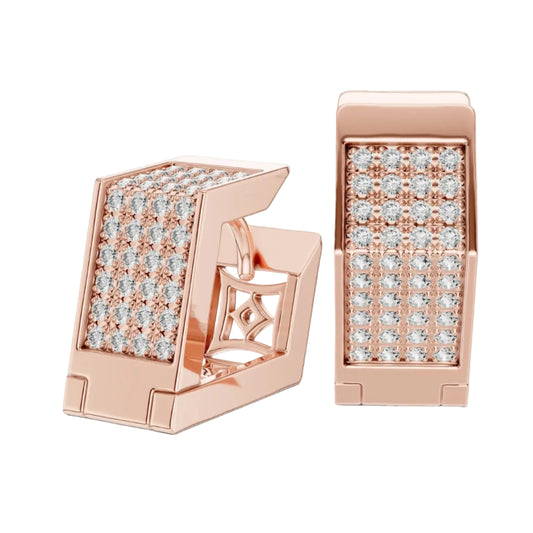 Rose gold earrings with lab grown diamond accents on a white background