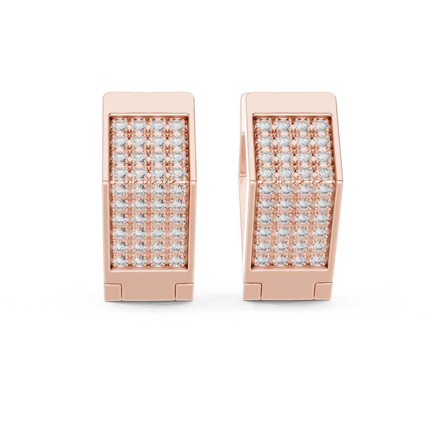 Rose gold earrings with clear lab grown diamonds on a white background