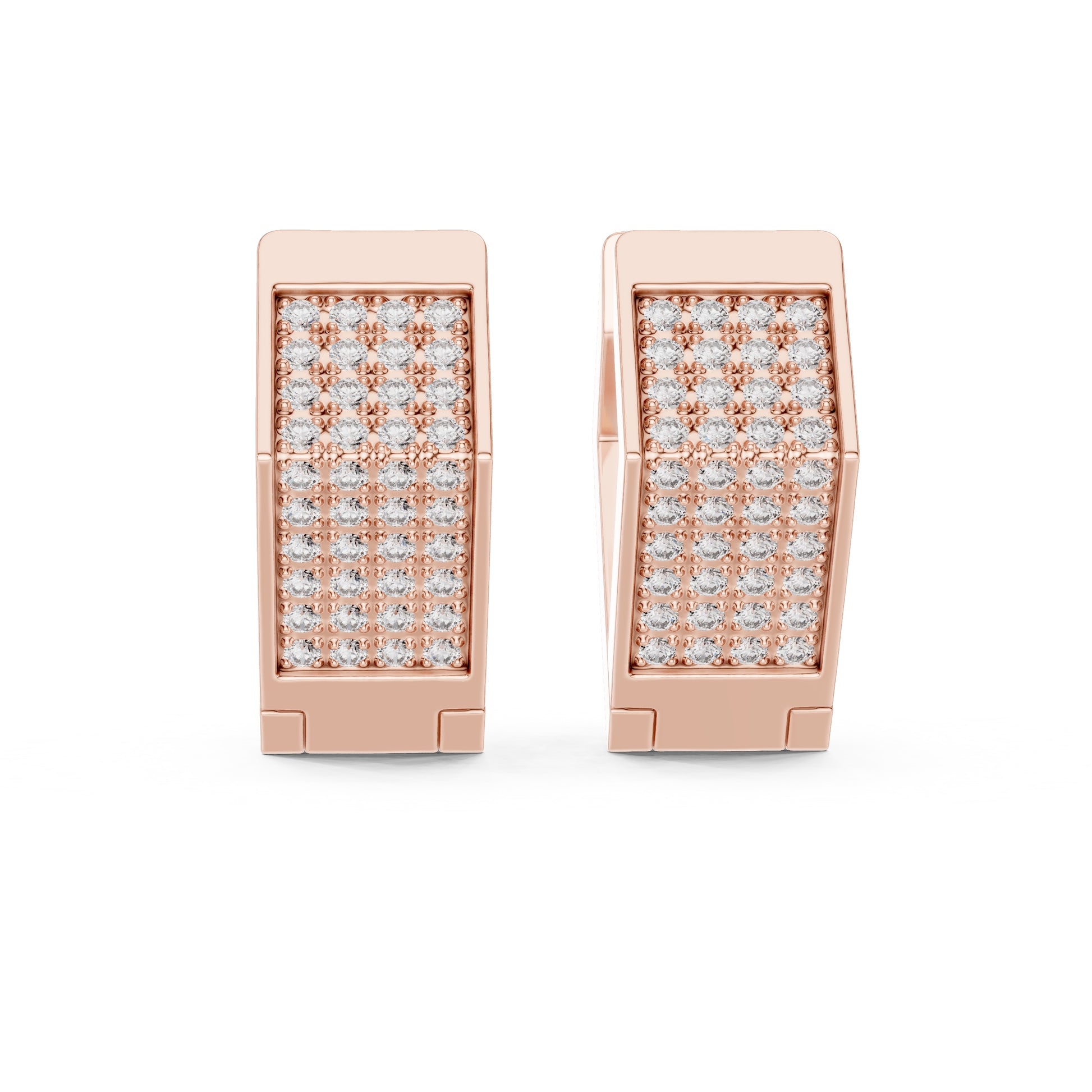 Rose gold earrings with clear lab grown diamonds on a white background