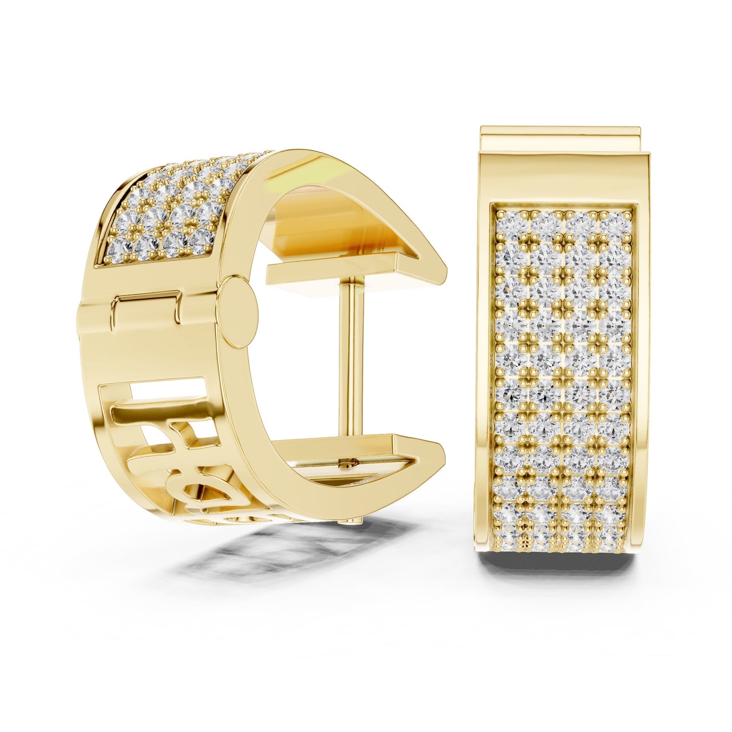 Gold hoop earrings with lab grown diamond accents on a white background