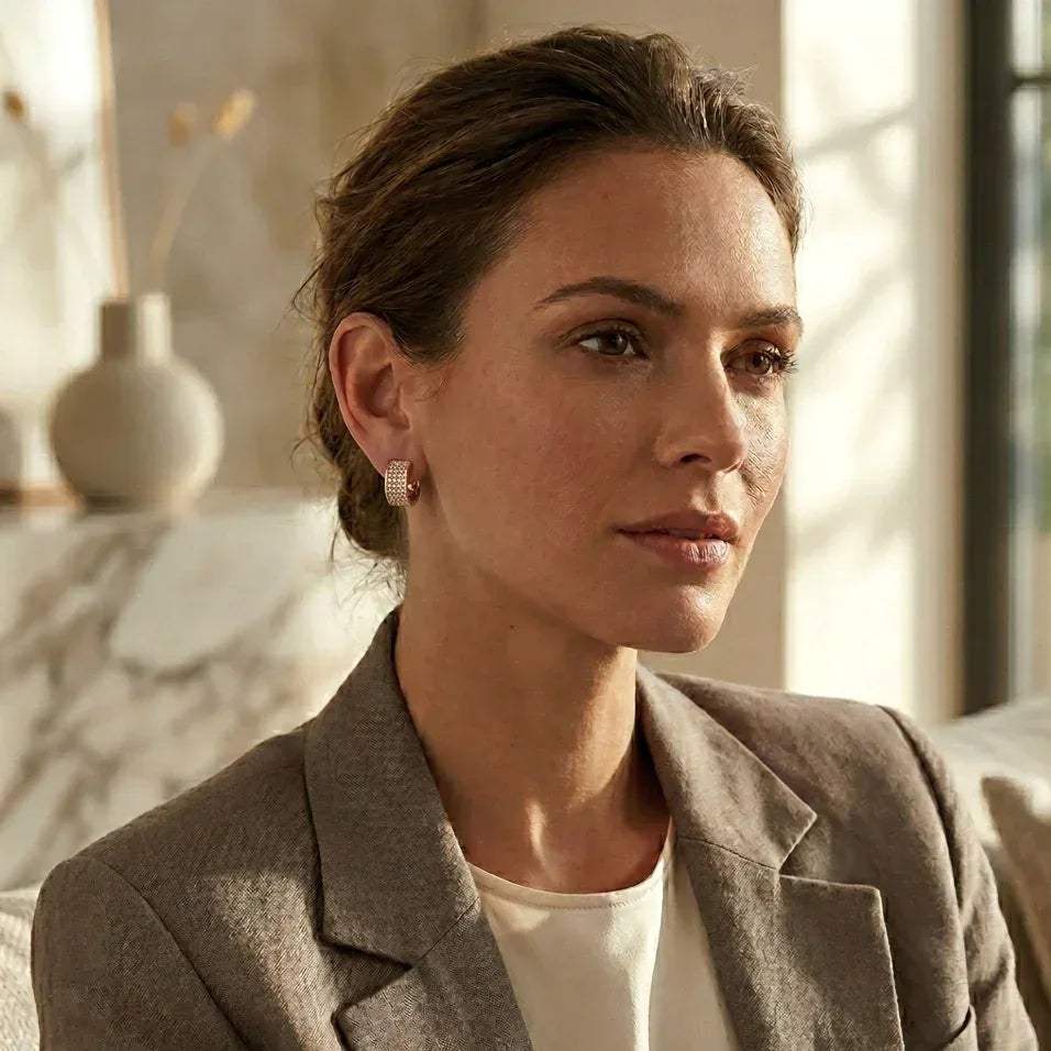 Woman wearing a beige blazer and lab grown diamond earrings in a softly lit room.