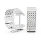 White gold earrings with clear lab grown diamonds on a white background