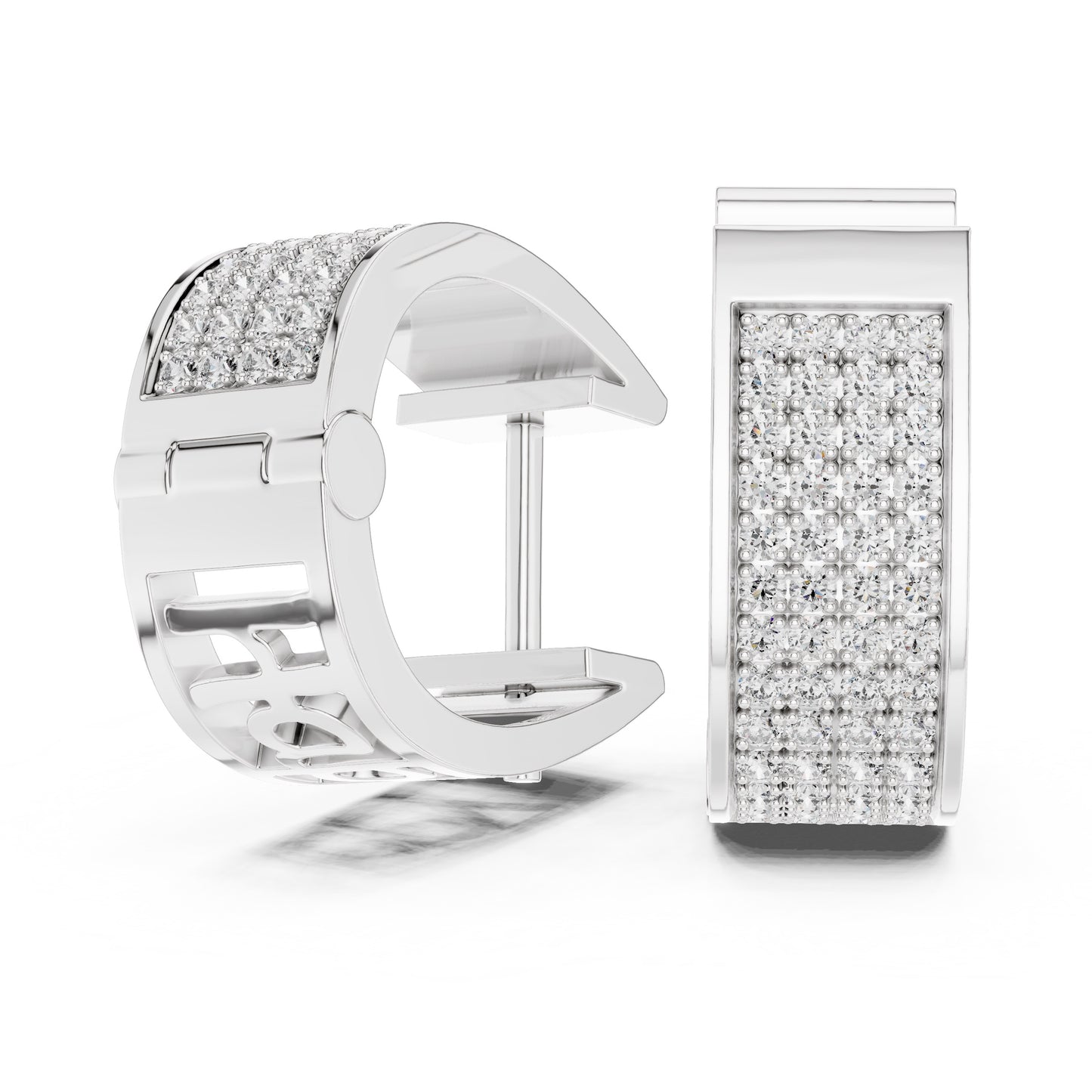 White gold earrings with clear lab grown diamonds on a white background