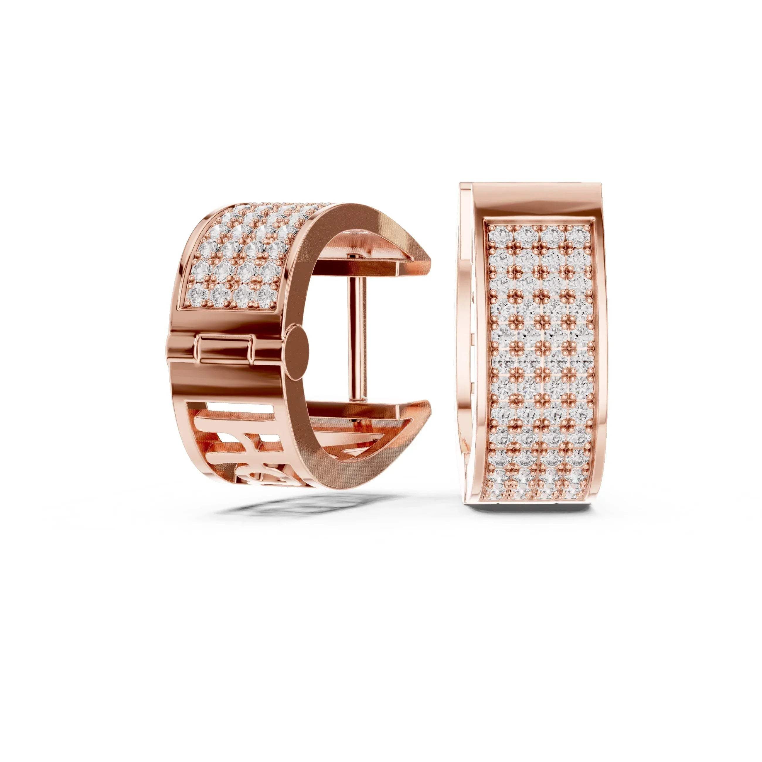 Rose gold hoop earrings with lab grown diamond accents on a white background