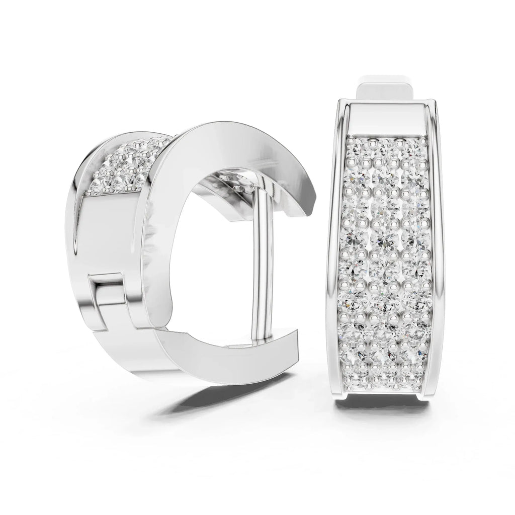 White gold hoop earrings with clear lab grown diamonds on a white background