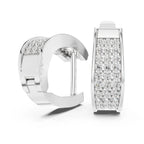 White gold hoop earrings with clear lab grown diamonds on a white background