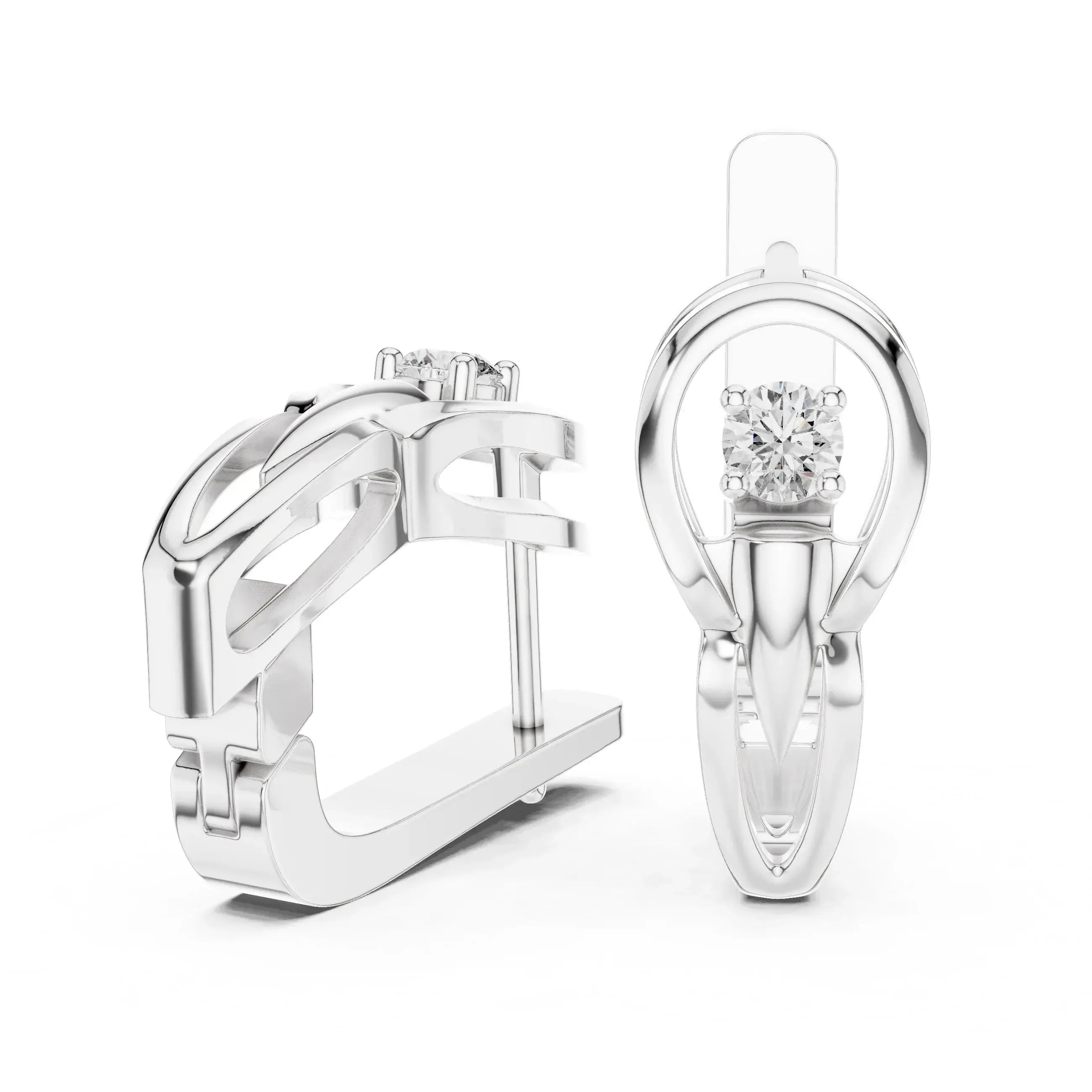 Pair of whitie gold hoop earrings with clear diamonds on a white background