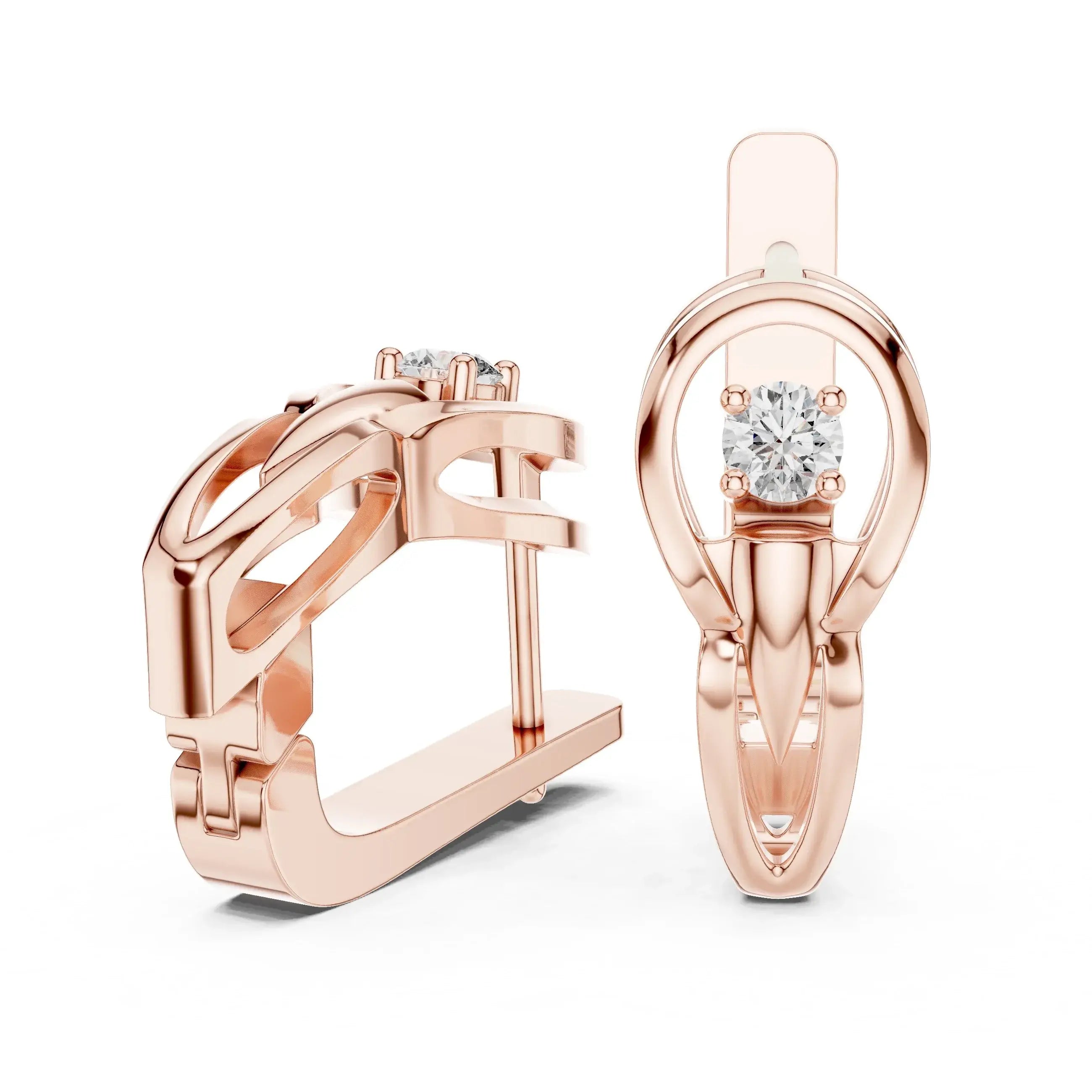 Rose gold hoop earrings with clear lab grown diamonds on a white background