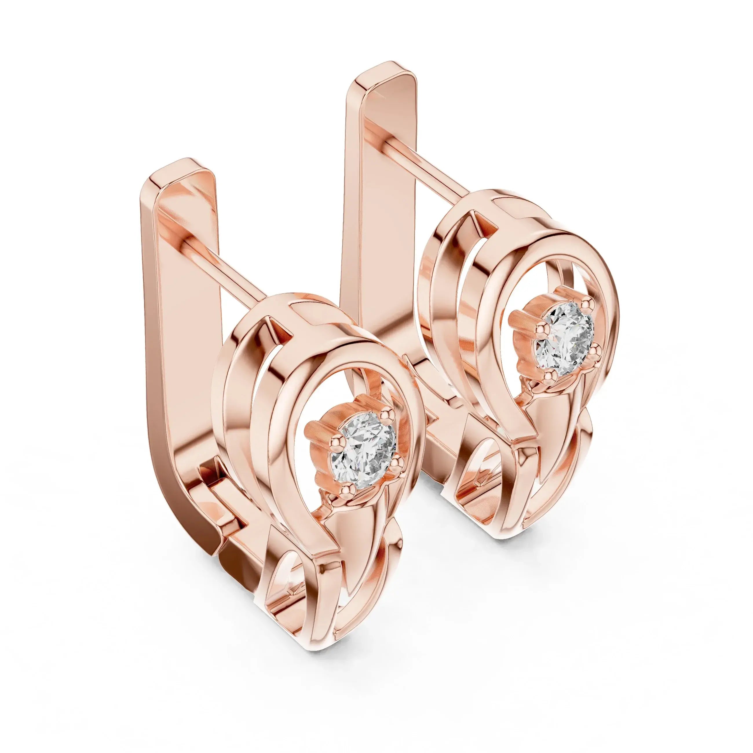 Rose gold earrings with lab grown diamond accents on a white background