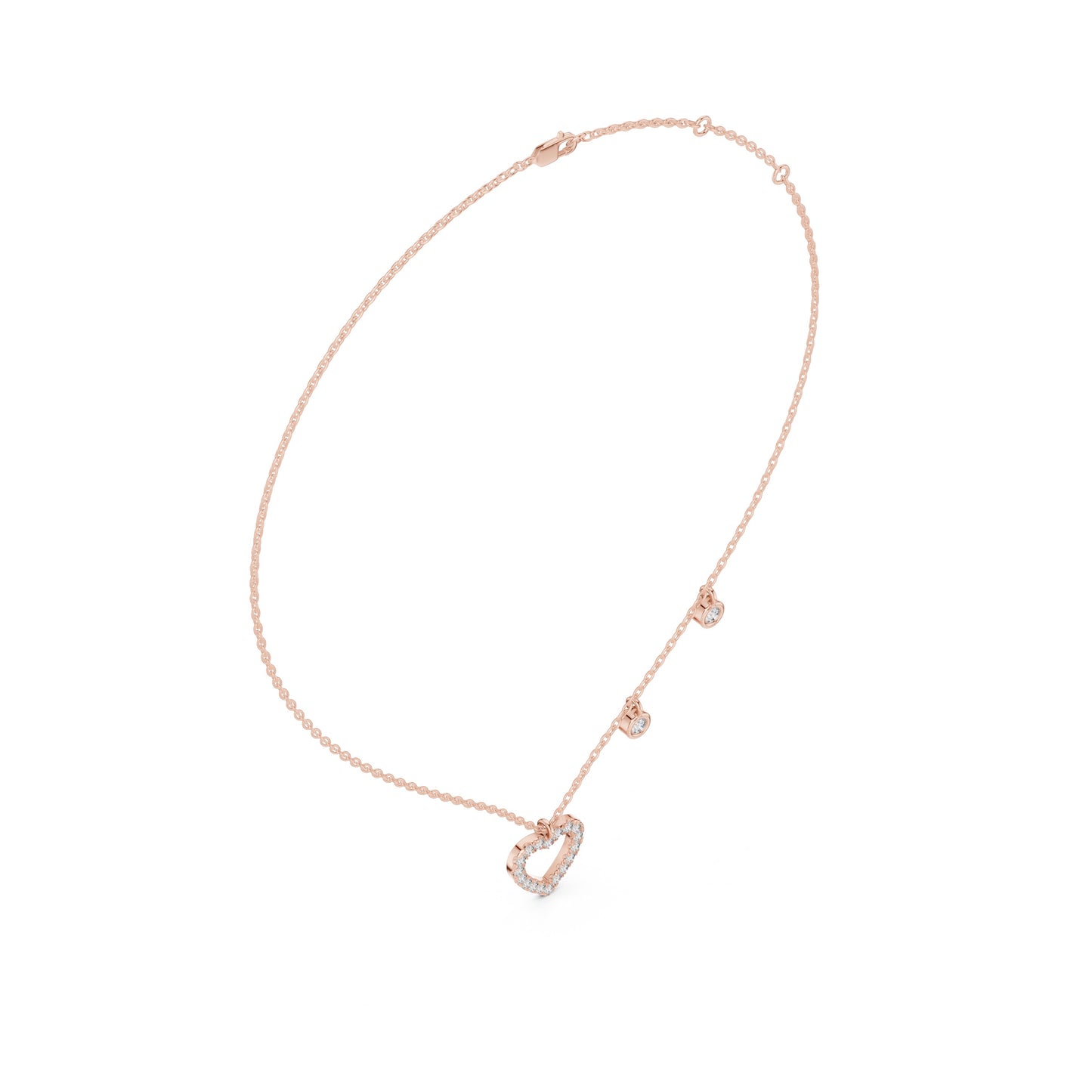 Rose gold necklace with a heart-shaped pendant on a white background
