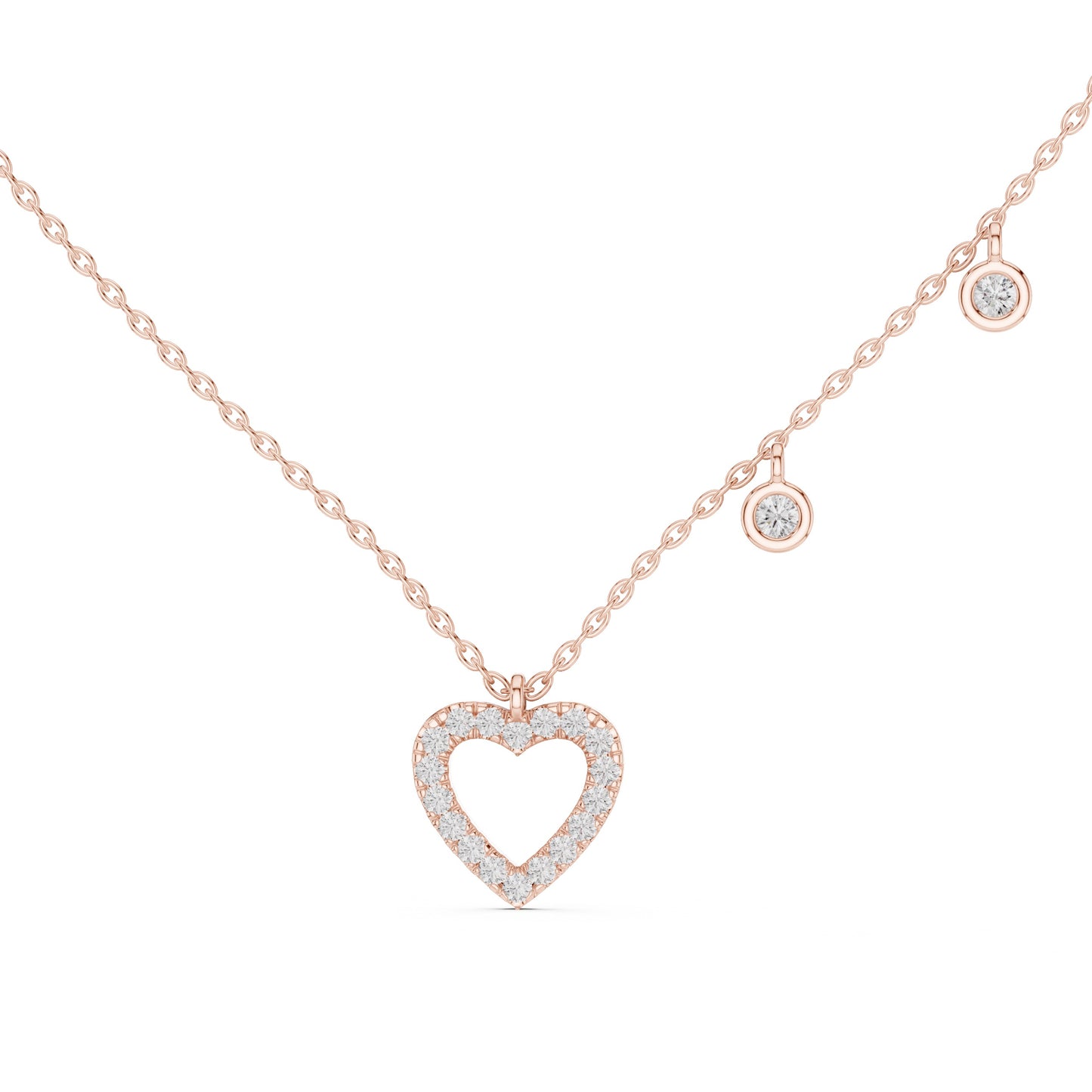 Rose gold heart-shaped necklace with lab grown diamonds on a white background