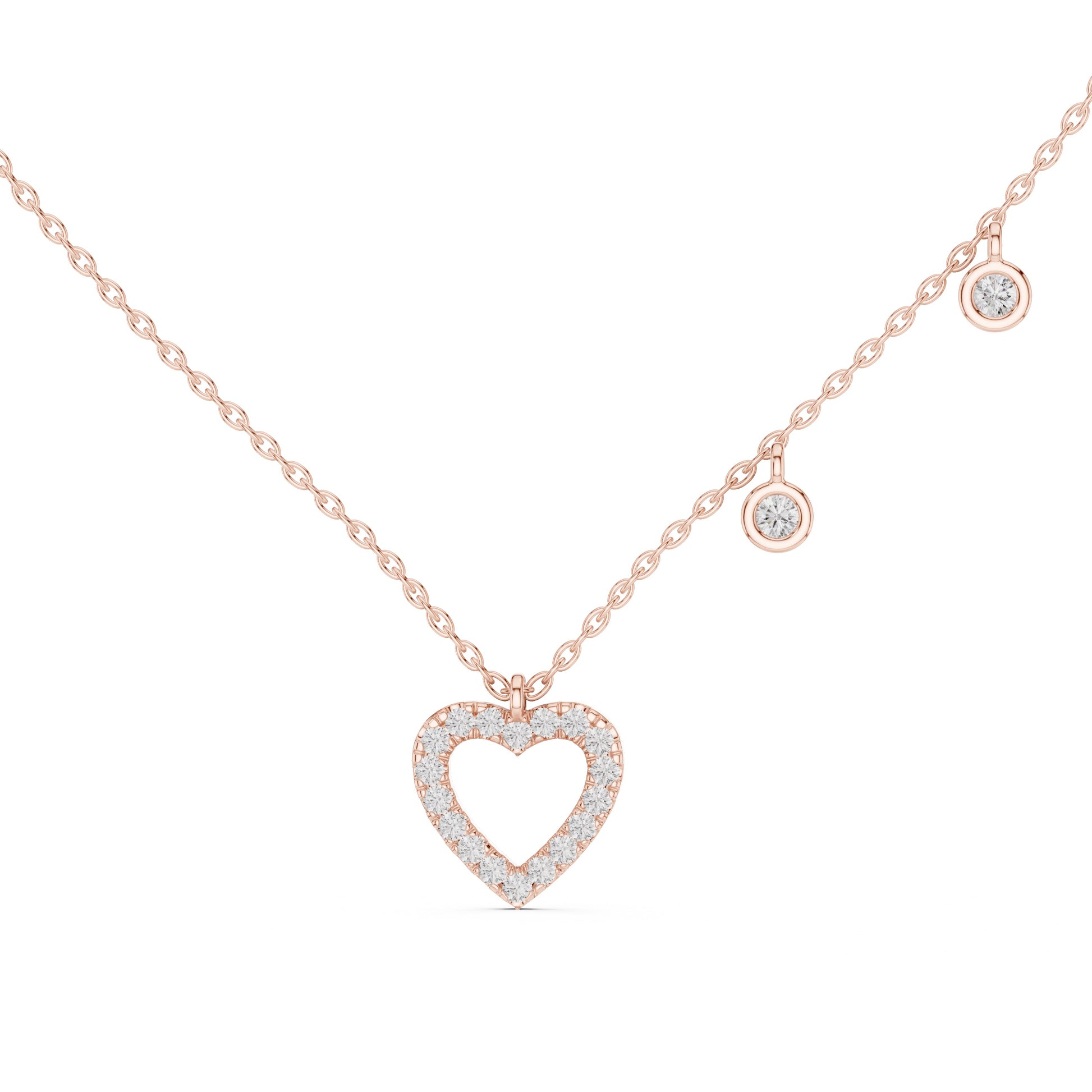 Rose gold heart-shaped necklace with lab grown diamonds on a white background