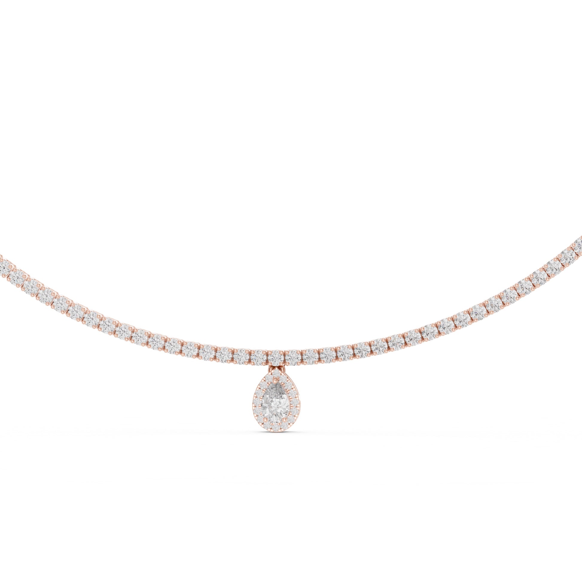 Gold and lab grown diamond tennis necklace with a small pear shape lab grown diamond pendant on a white background