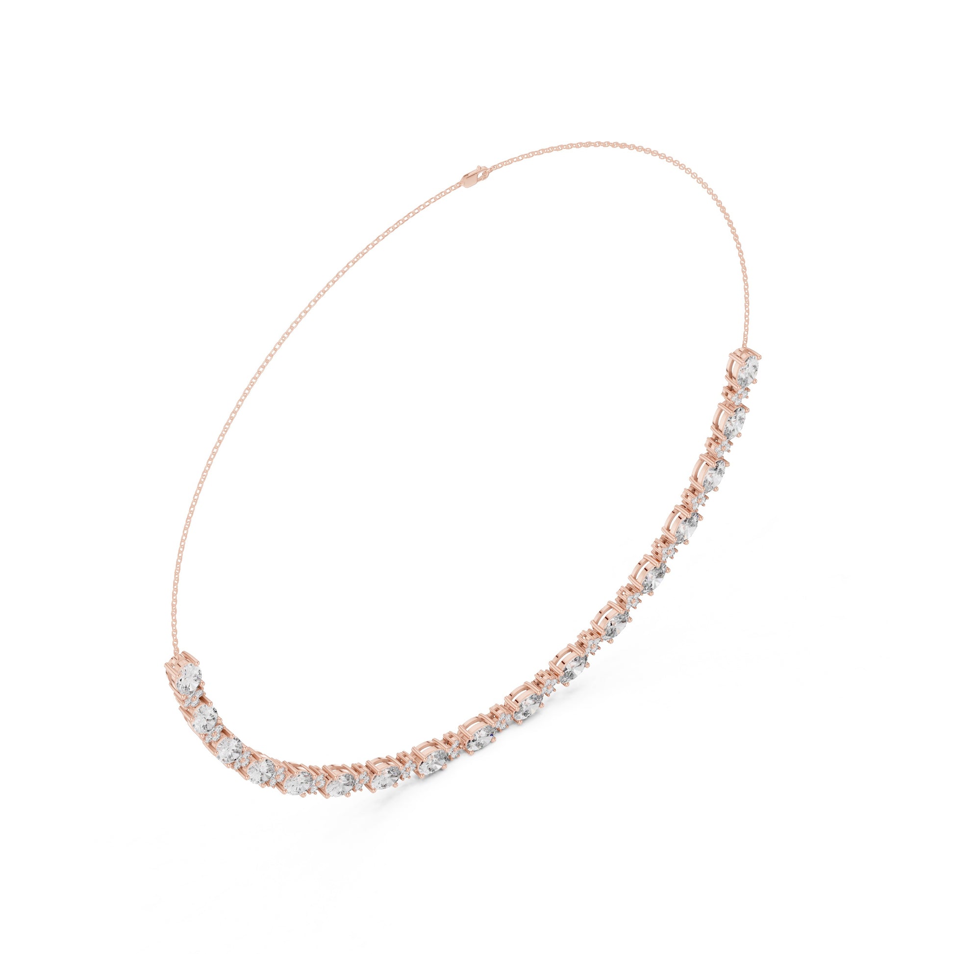 Rose gold necklace with clear lab grown diamonds on a white background