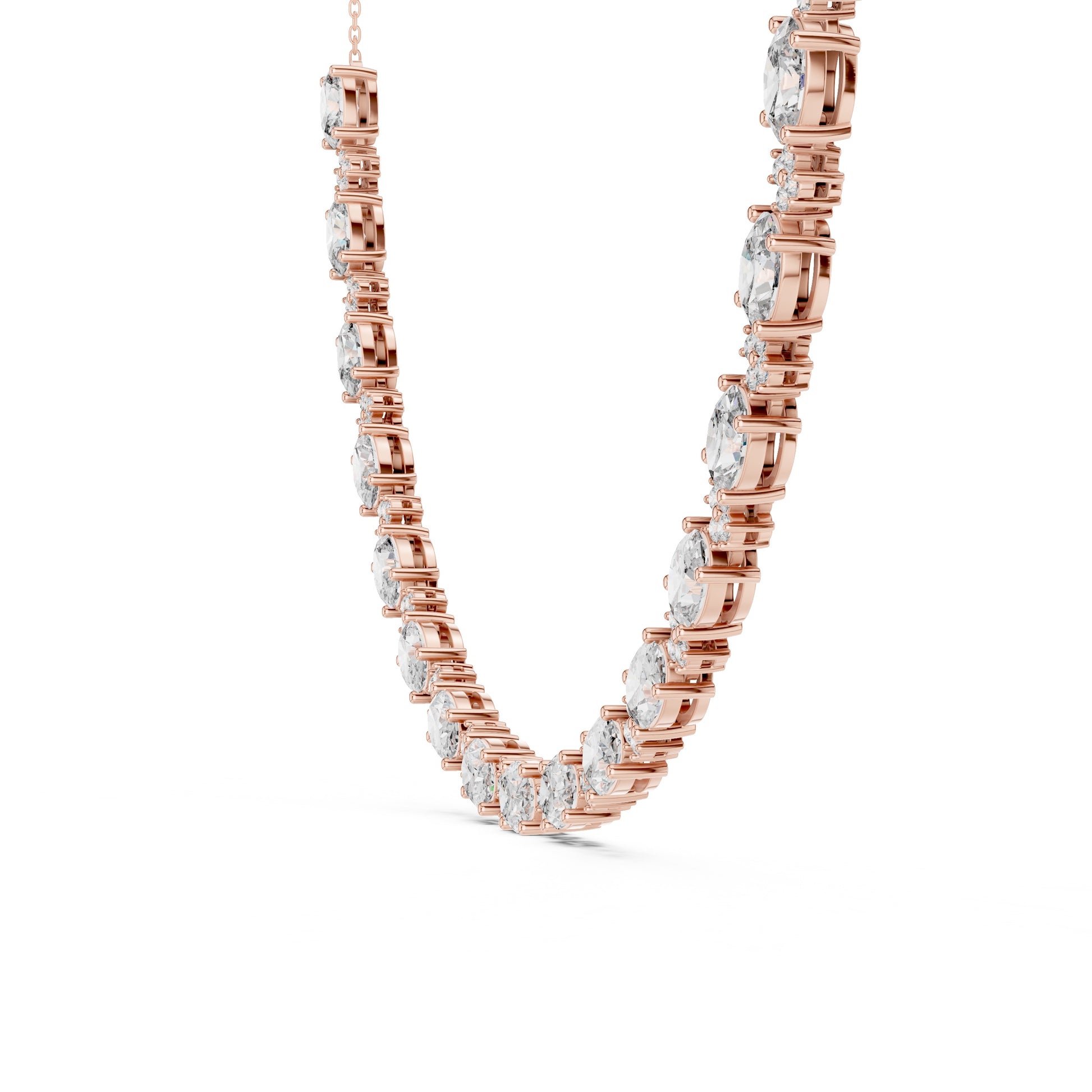 Rose gold necklace with lab grown diamonds on a white background