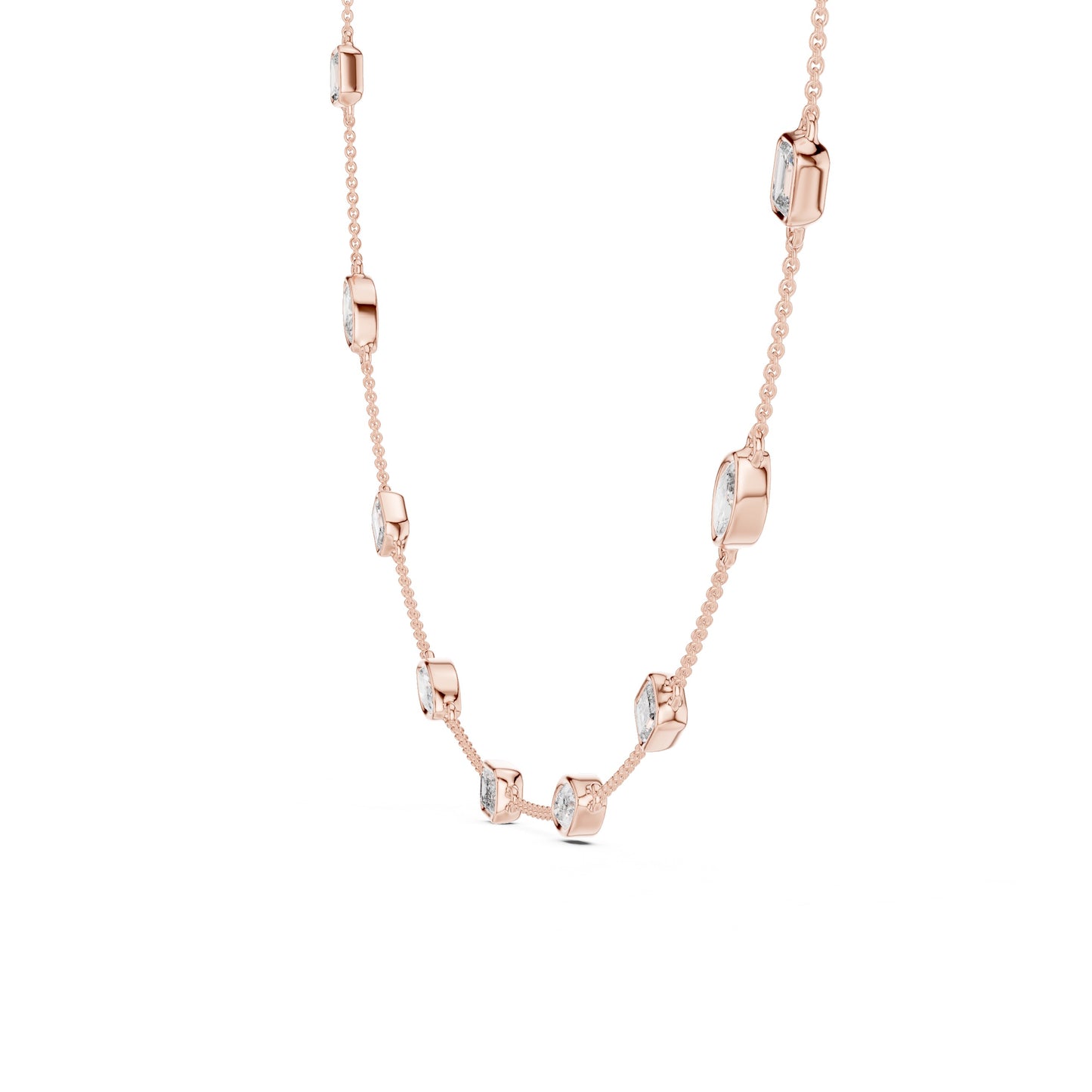 Rose gold necklace with lab grown diamonds on a white background