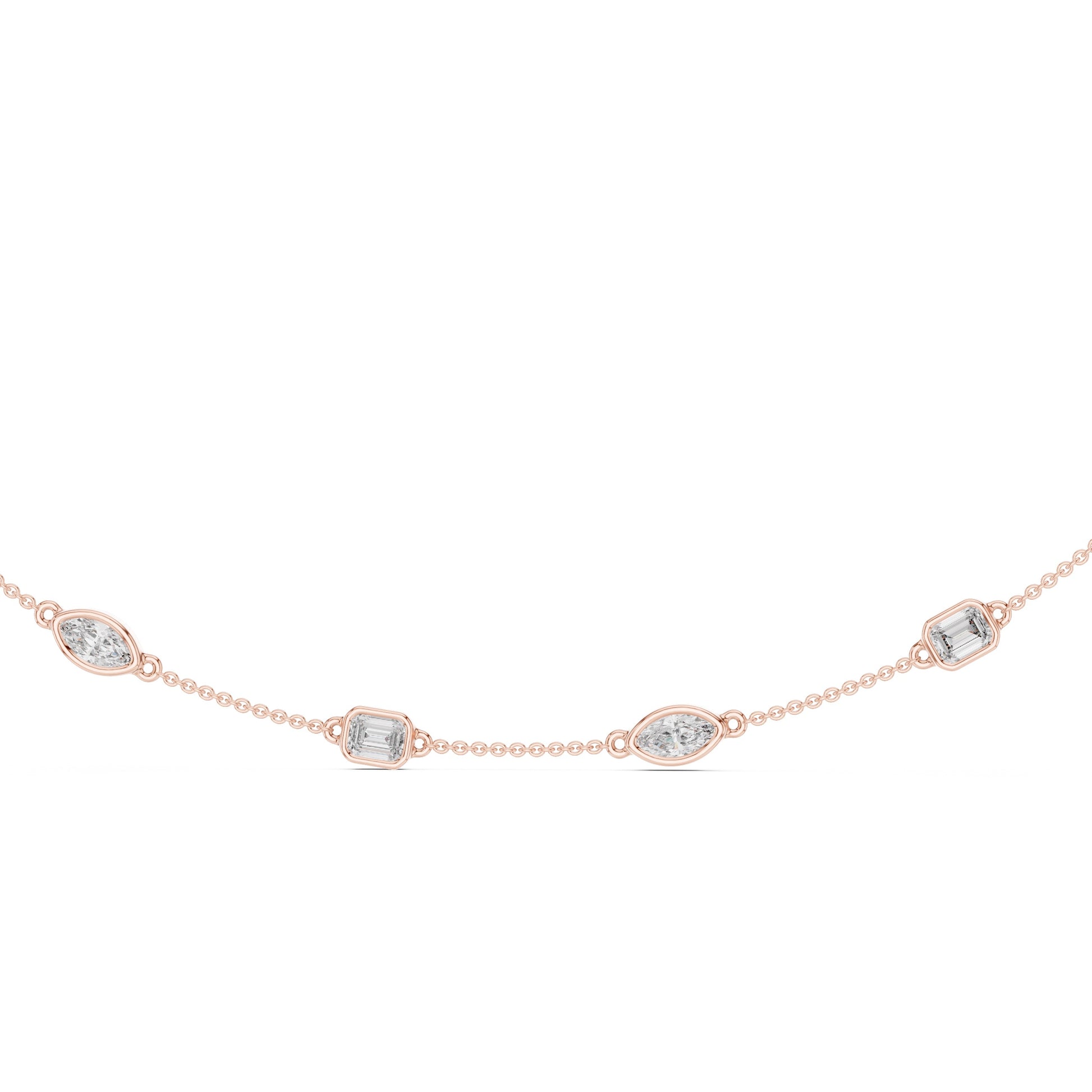 Rose gold necklace with lab grown diamond accents on a white background