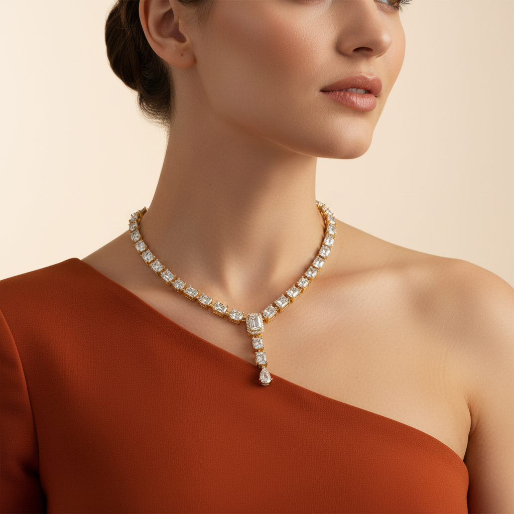 Woman wearing a lab grown diamond necklace against a beige background