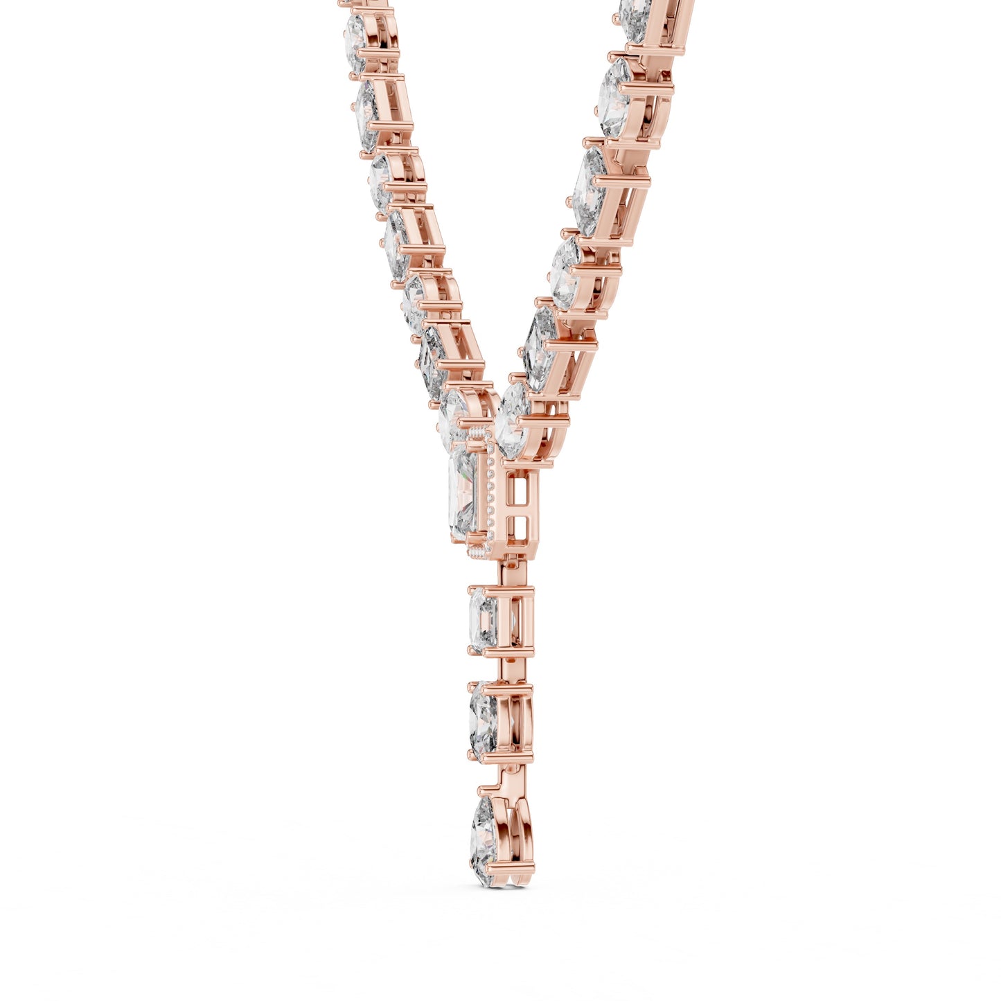 Rose gold necklace with lab grown diamonds on a white background