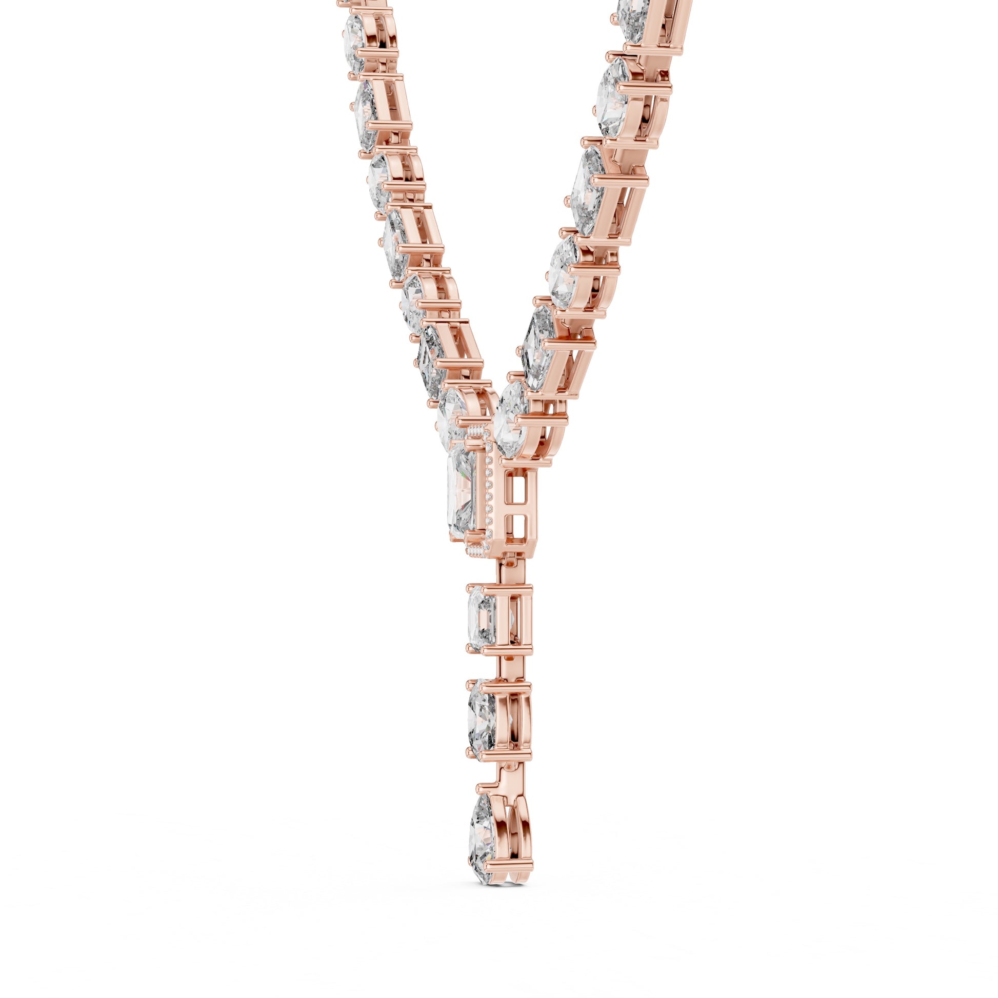 Rose gold necklace with lab grown diamonds on a white background
