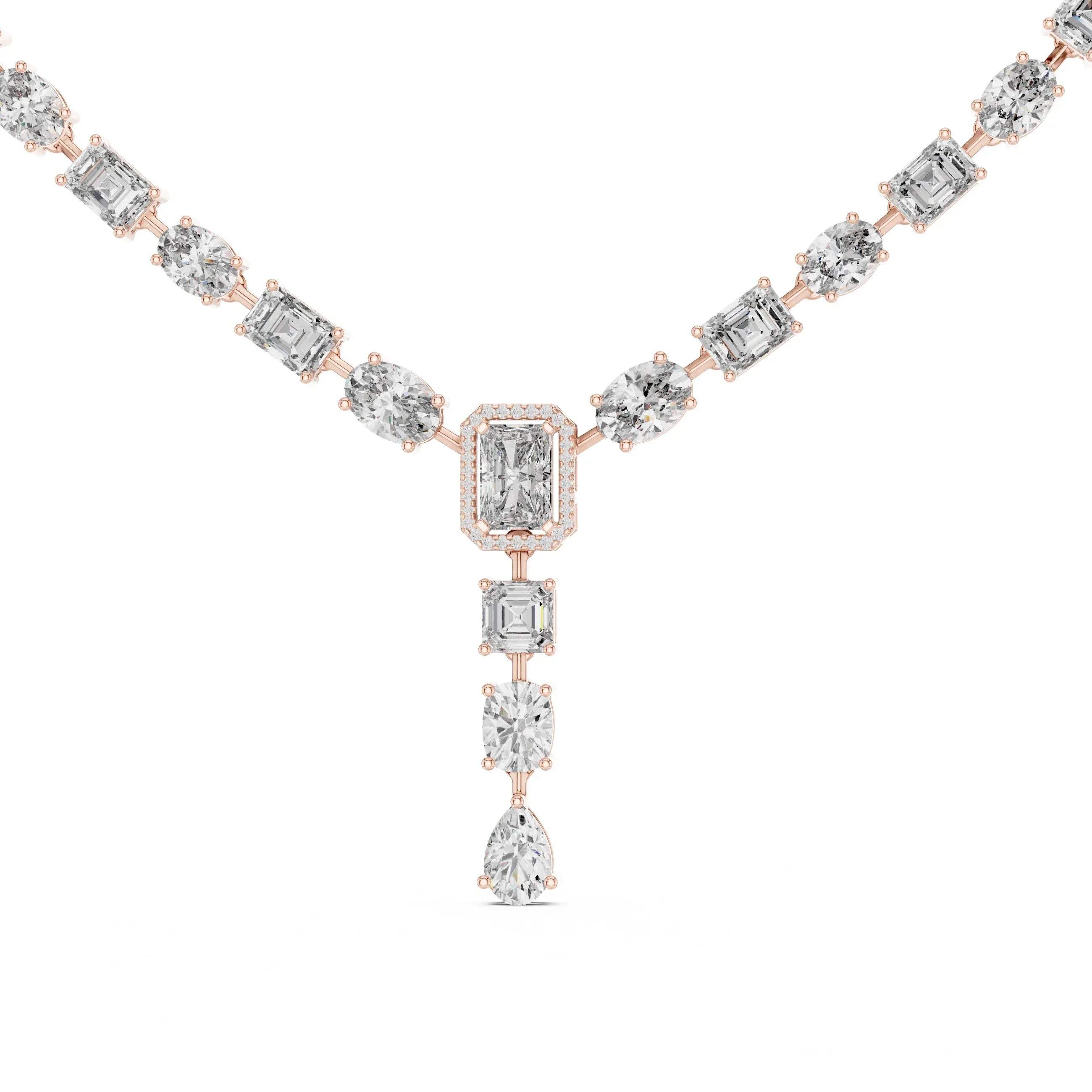 lab grown diamond necklace with rose gold accents on a white background