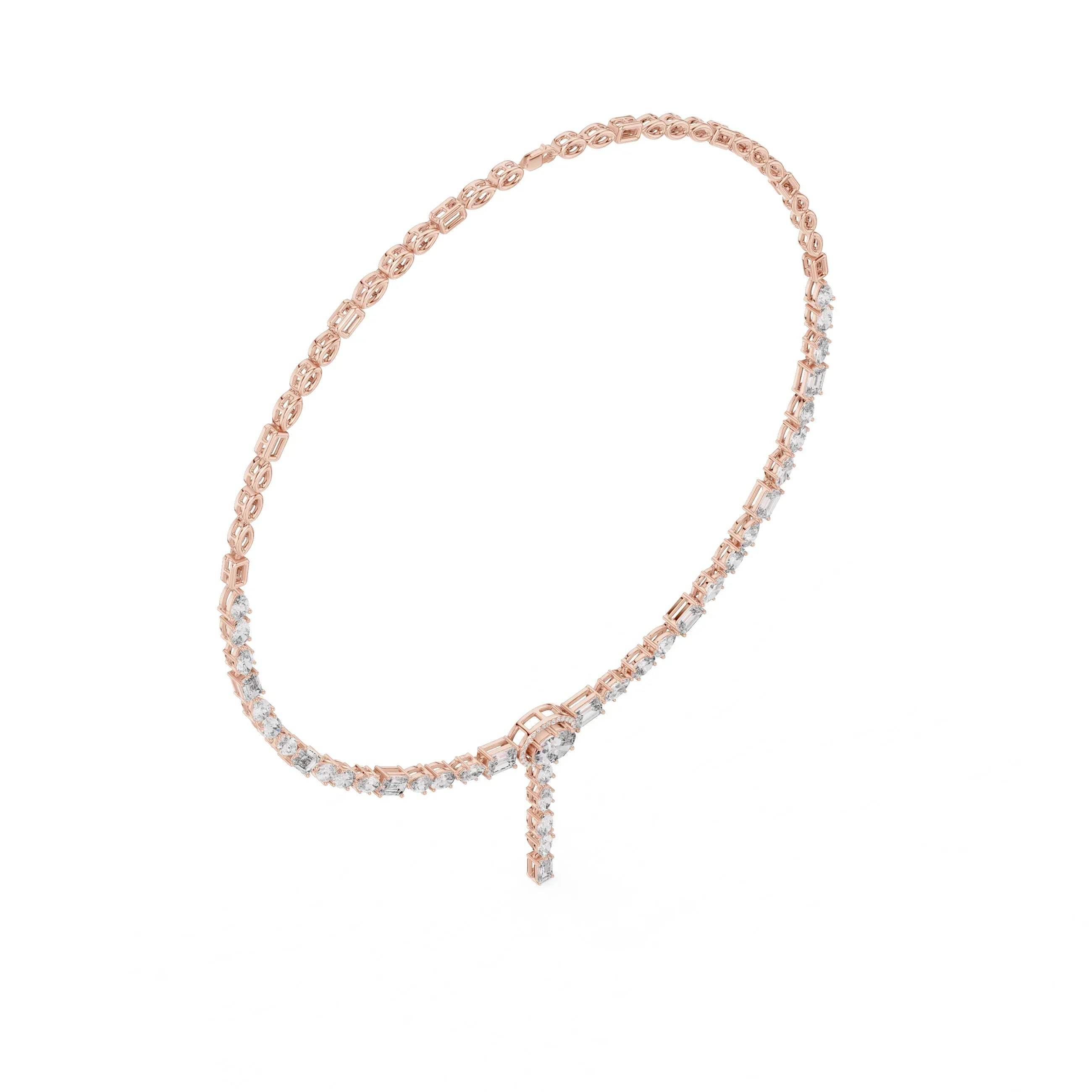 Rose gold necklace with lab grown diamonds on a white background