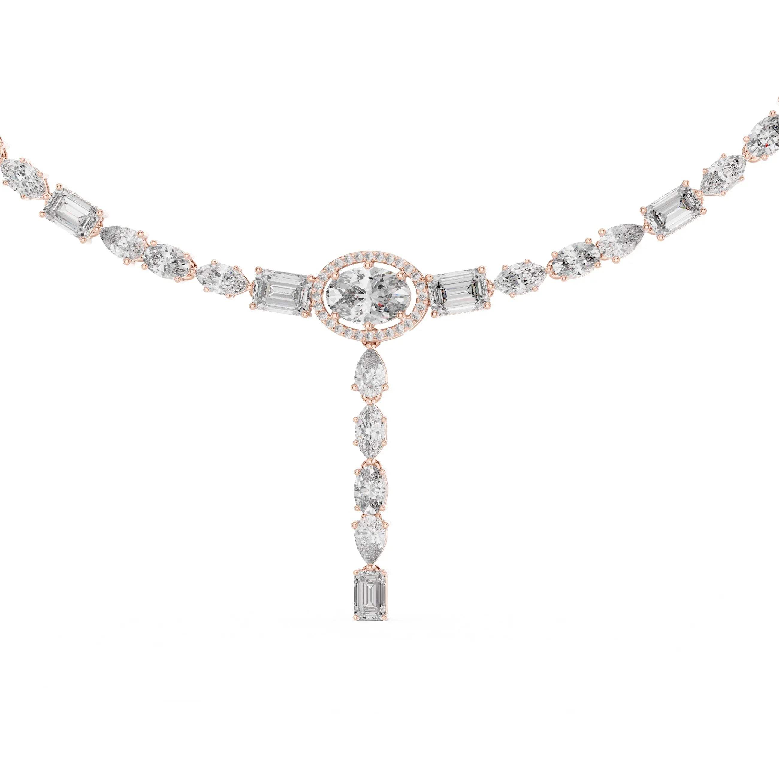 Lab grown diamond necklace with rose gold on a white background