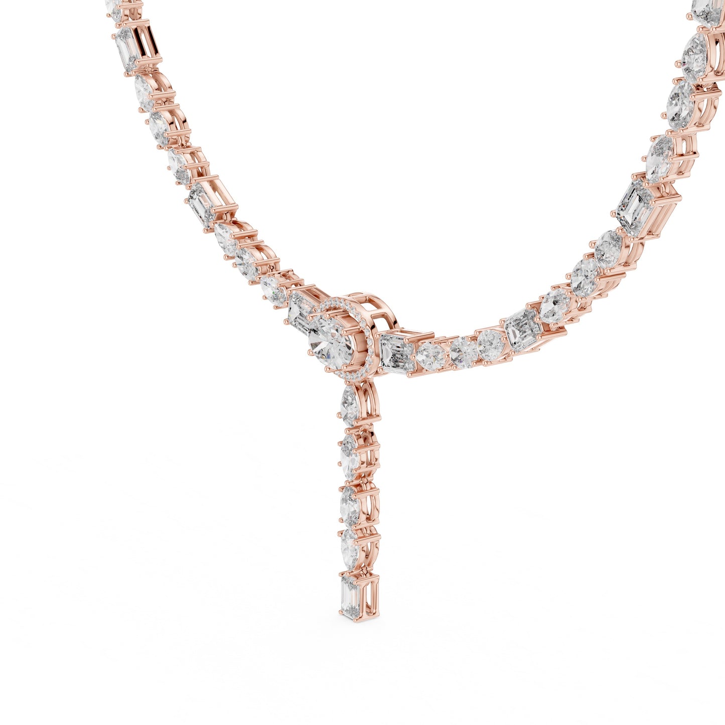 Rose gold necklace with lab grown diamonds on a white background