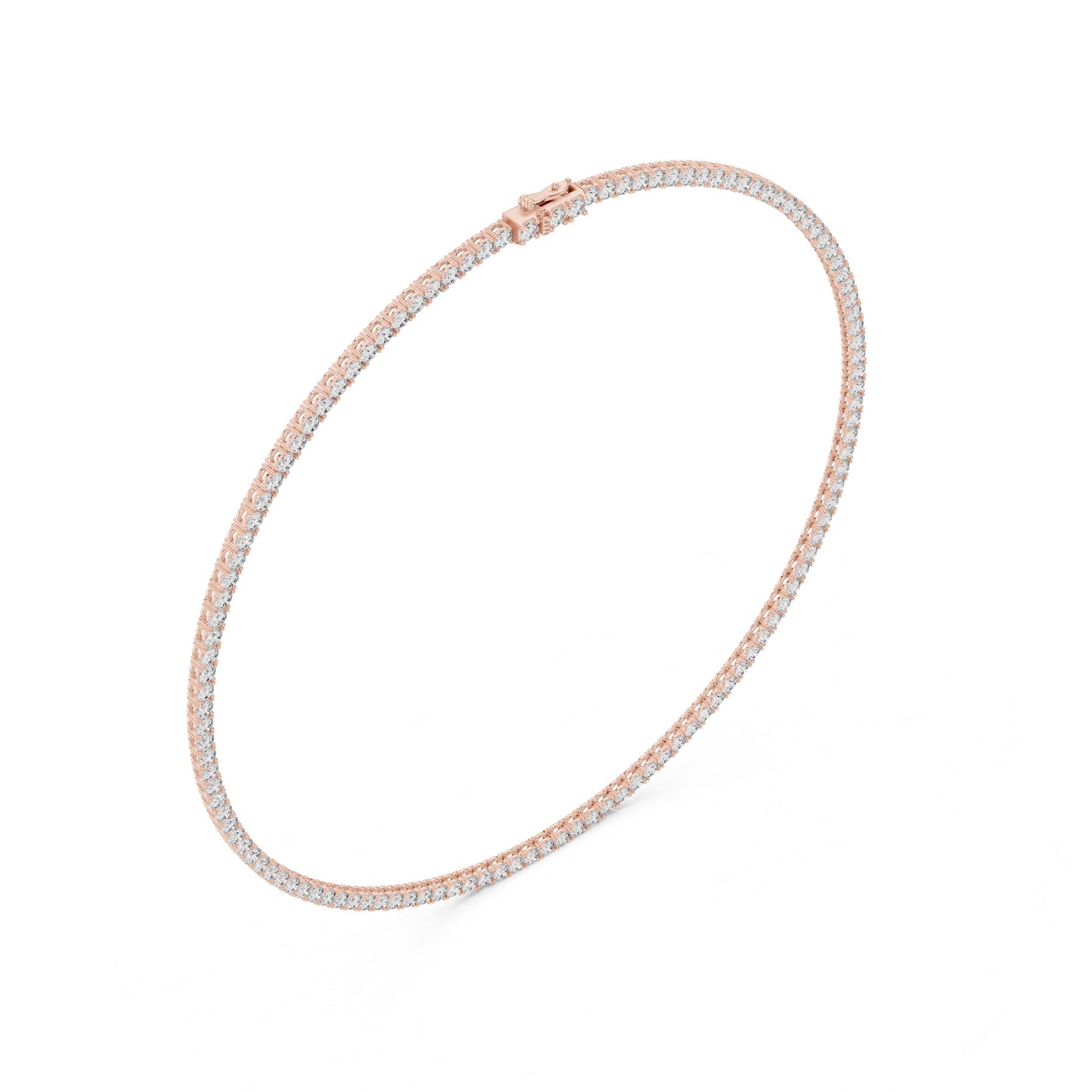 Rose gold tennis necklace with lab grown diamonds on a white background