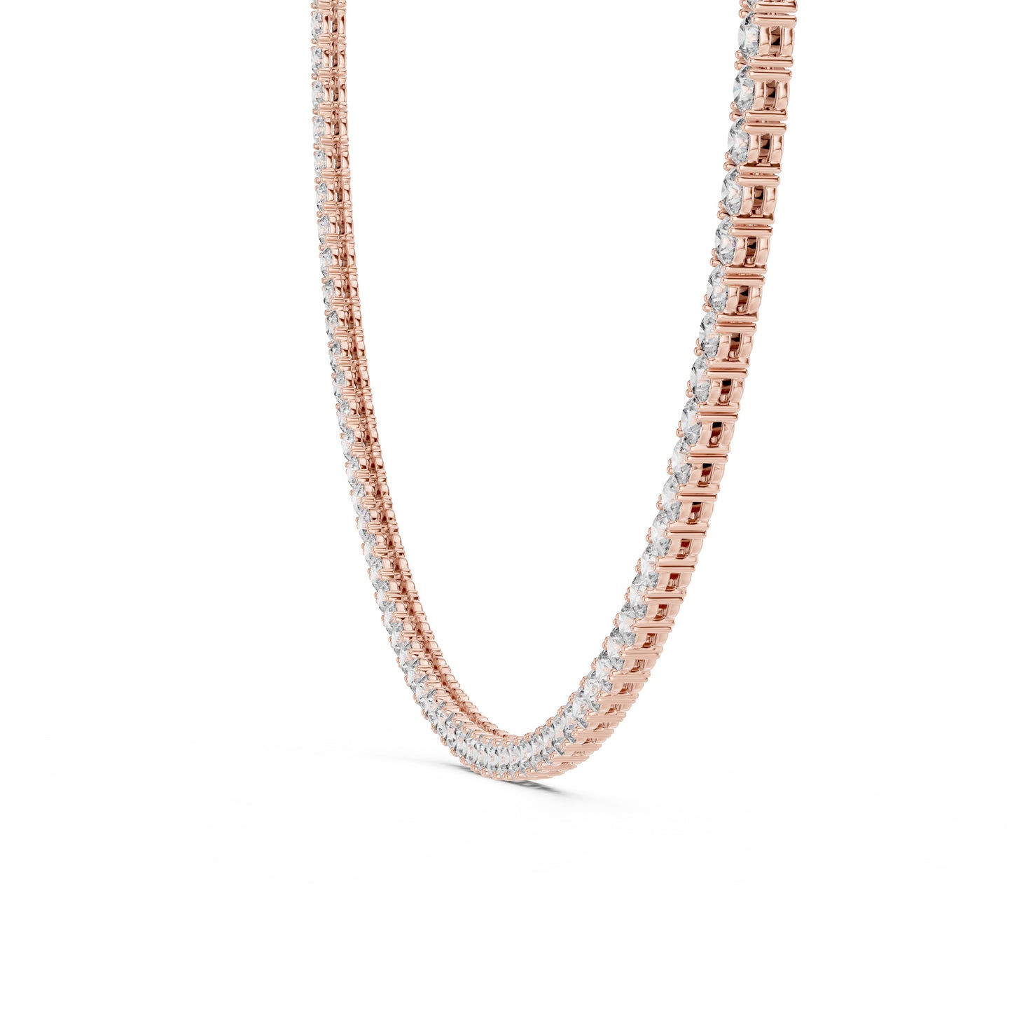 Rose gold tennis necklace with lab grown diamonds on a white background
