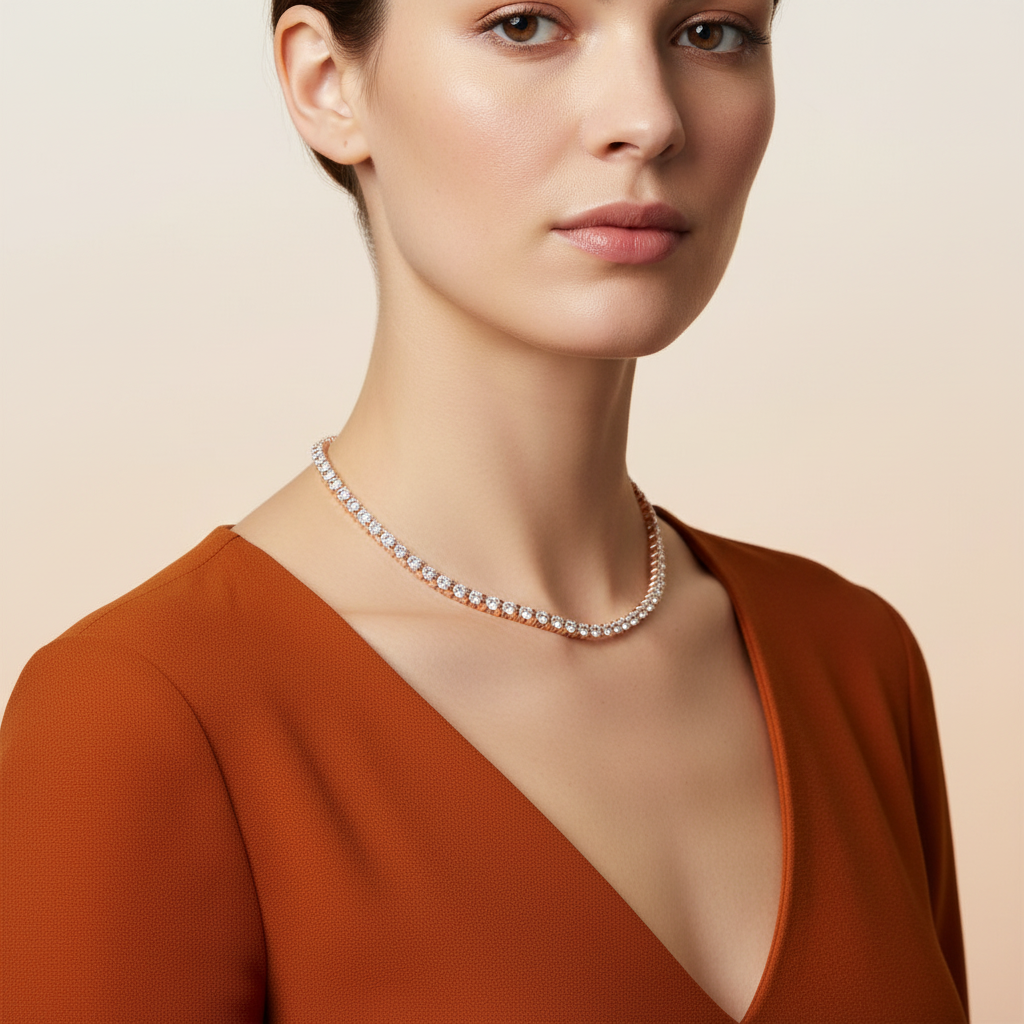 Woman wearing a lab grown diamond tennis necklace with a plain background