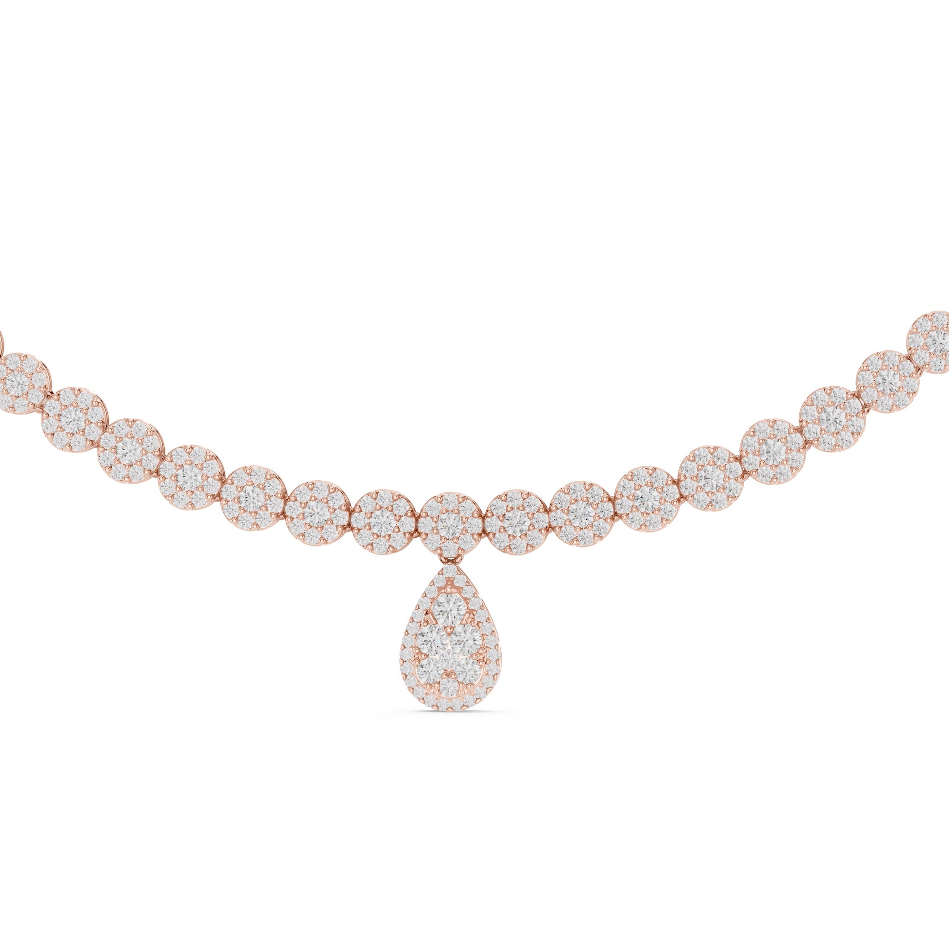 Rose gold tennis necklace with diamond teardrop pendant on a white background