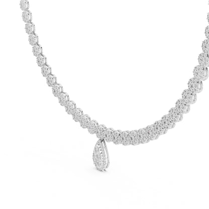 White gold and lab grown diamond necklace on a white background