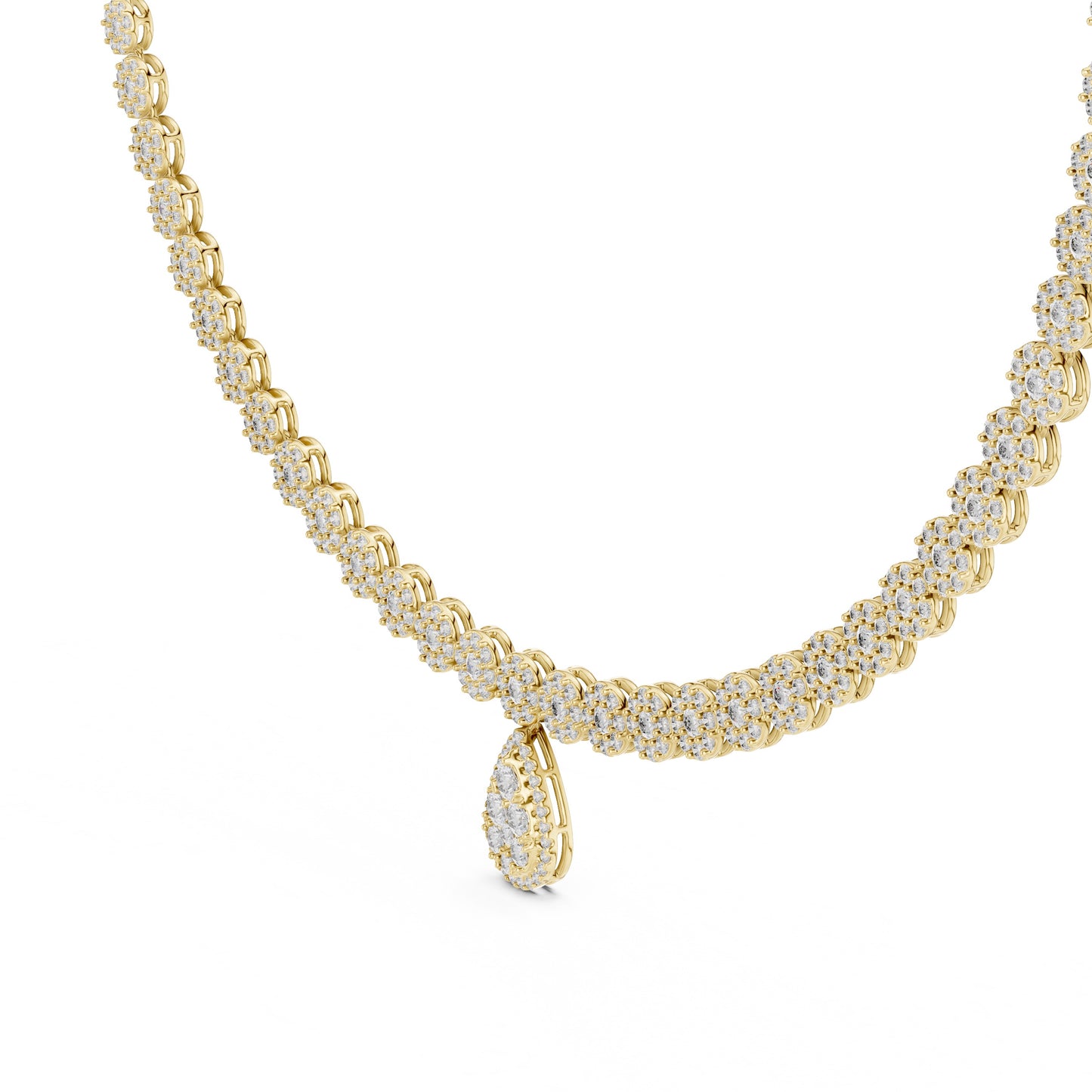 Yellow gold tennis necklace with lab grown diamond accents on a white background