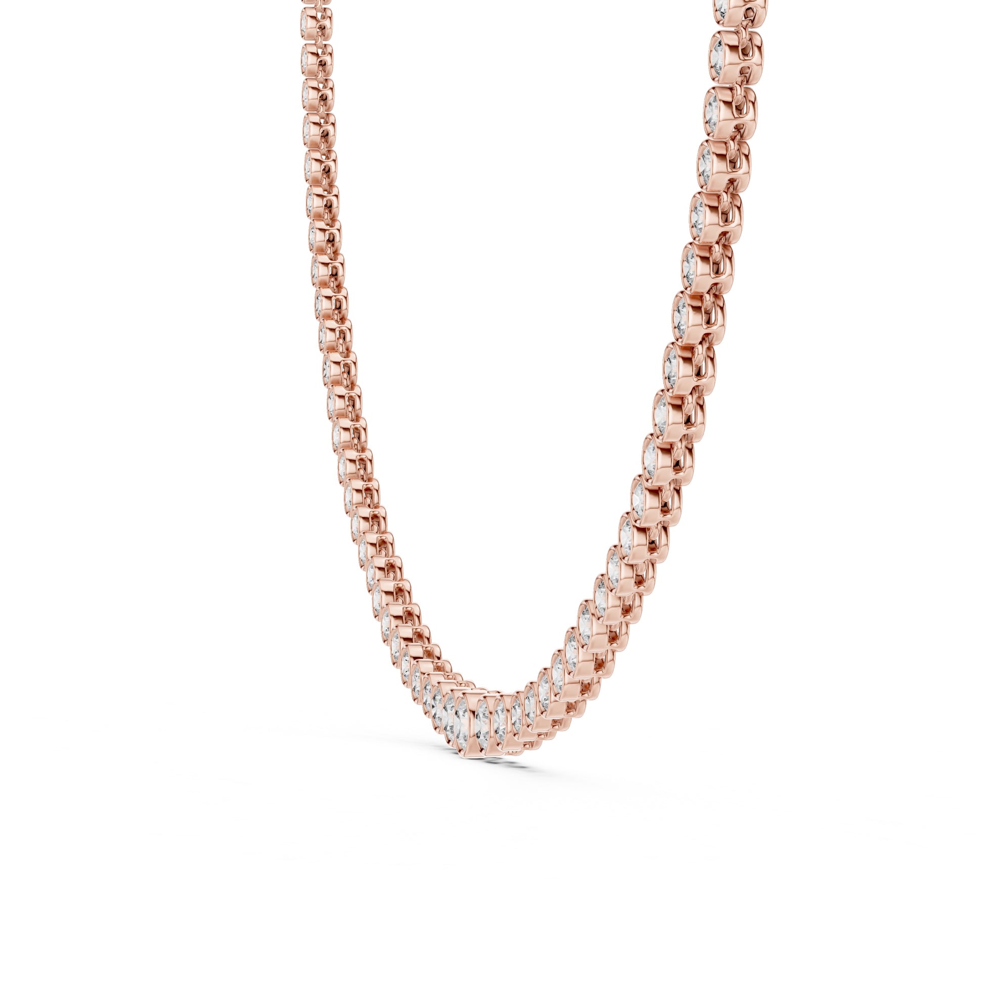 Rose gold tennis necklace with lab grown diamonds in bezel setting on a white background.