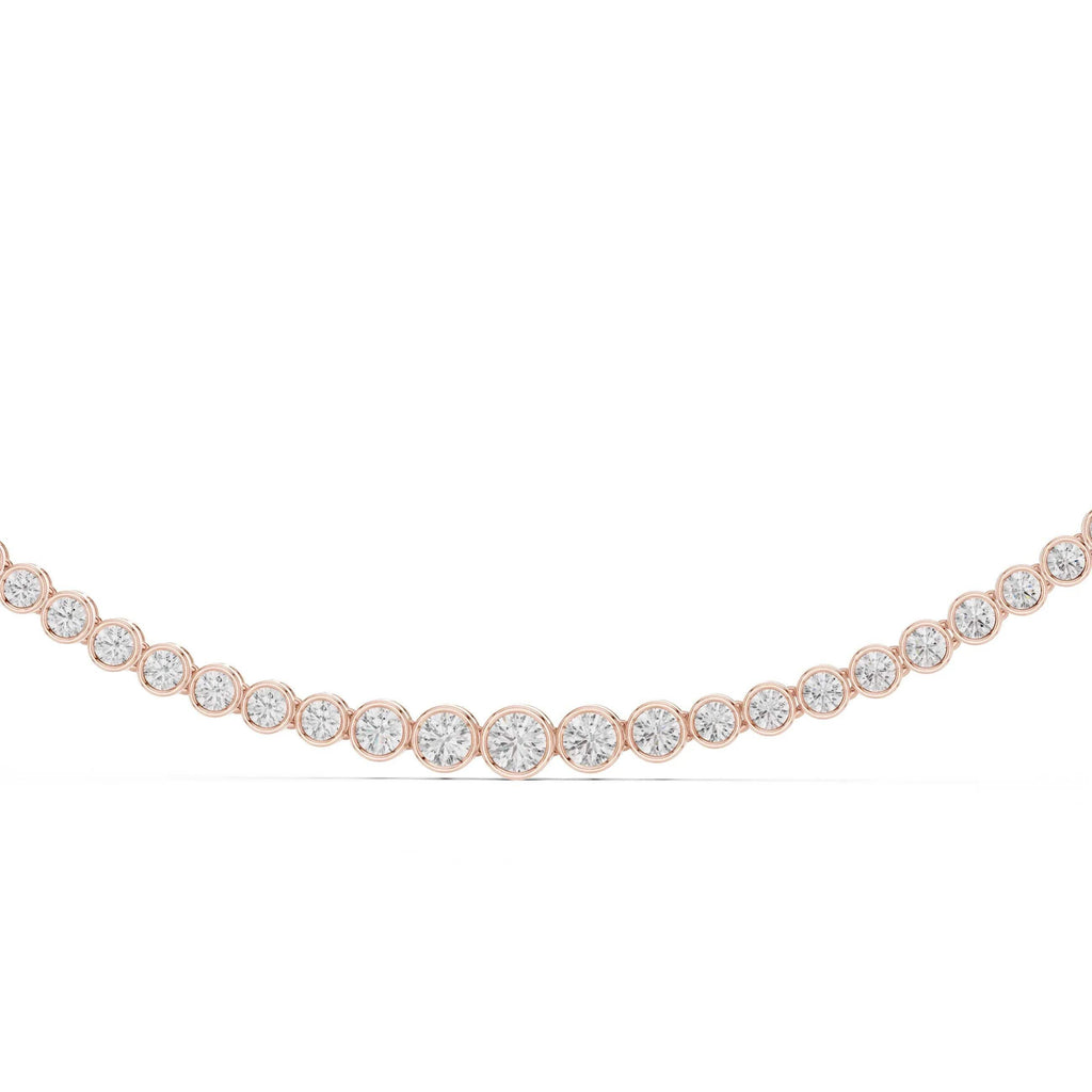 Rose gold tennis necklace with lab grown diamonds in bezel setting on a white background.