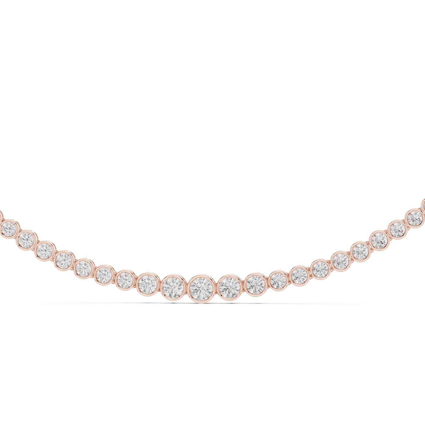 Rose gold tennis necklace with lab grown diamonds in bezel setting on a white background.