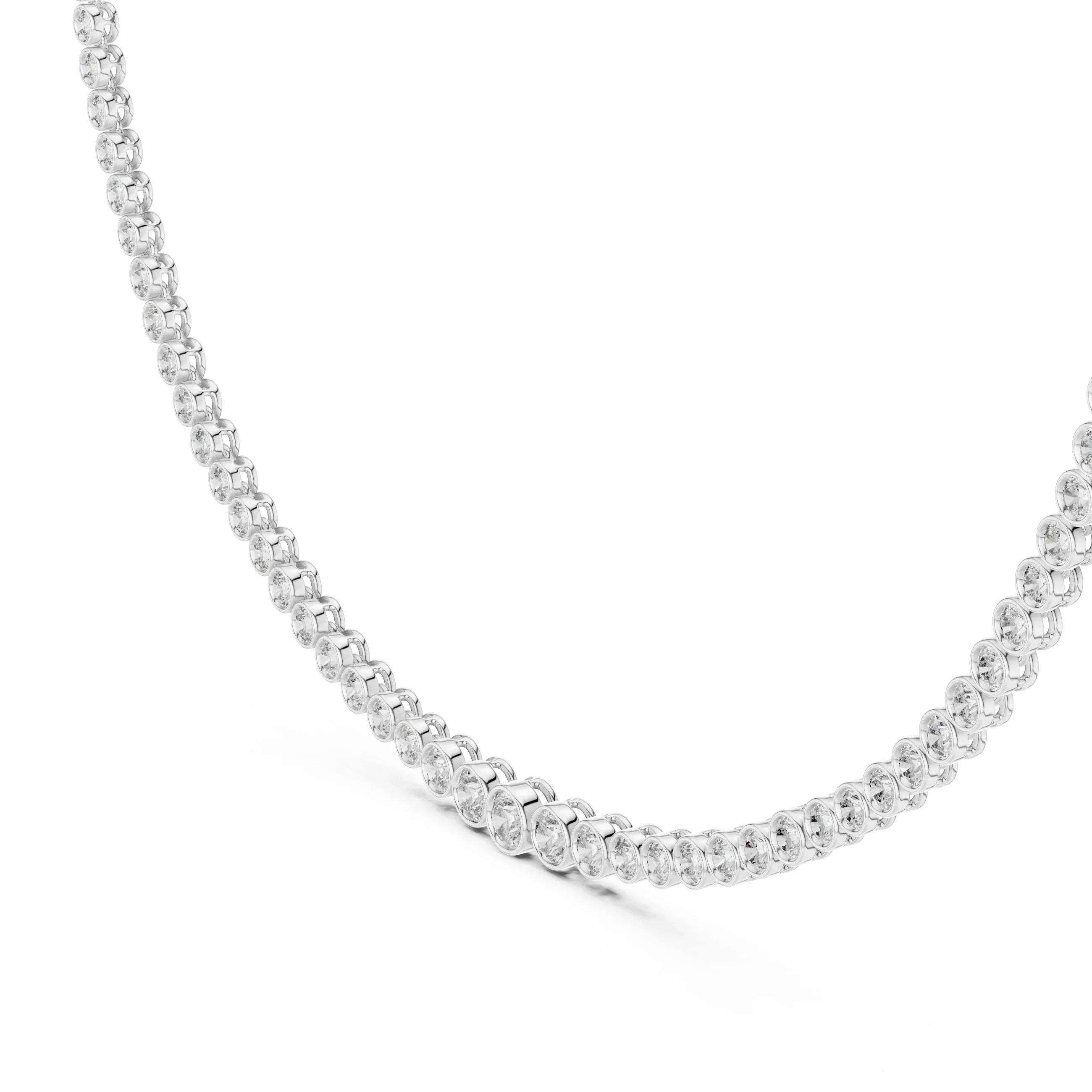 White gold tennis necklace with lab grown diamonds in bezel setting on a white background.