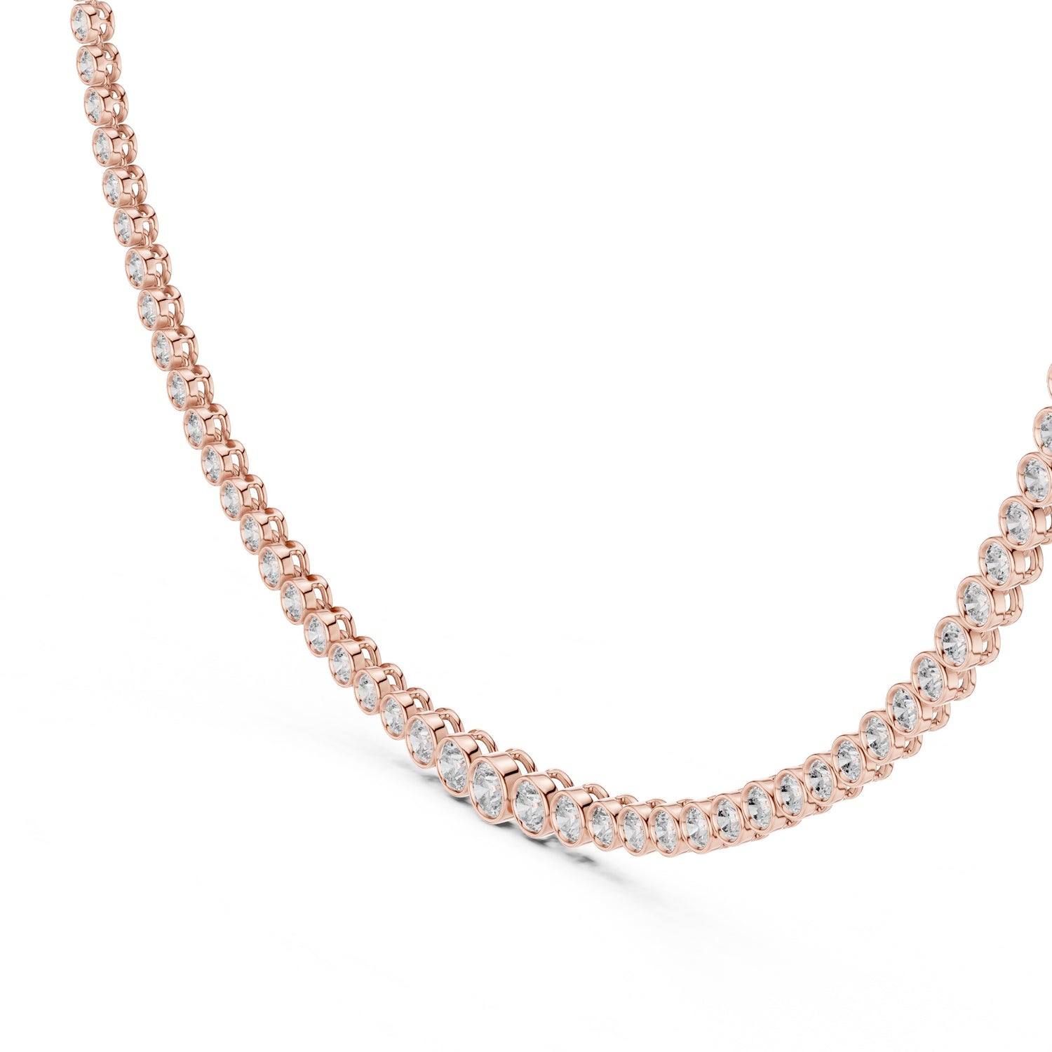 Rose gold tennis necklace with lab grown diamonds in bezel setting on a white background.