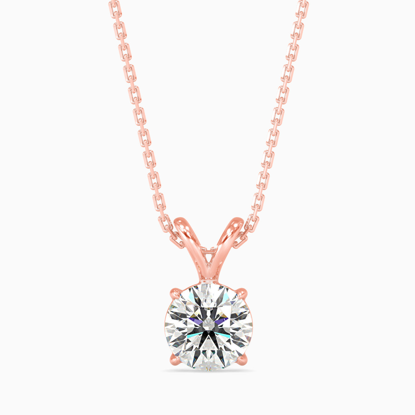 Rose gold pendant with a round brilliant-cut solitaire lab grown diamond on a delicate chain in rose gold.