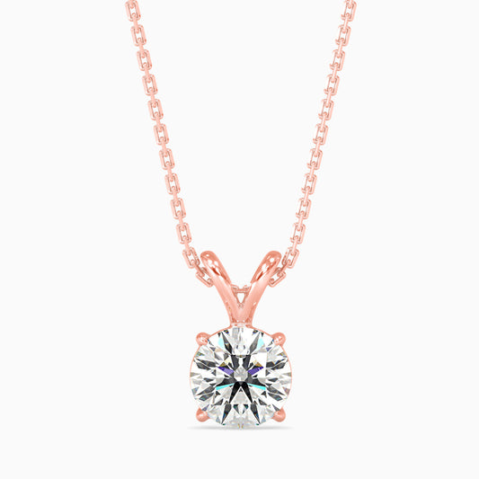 Rose gold pendant with a round brilliant-cut solitaire lab grown diamond on a delicate chain in rose gold.