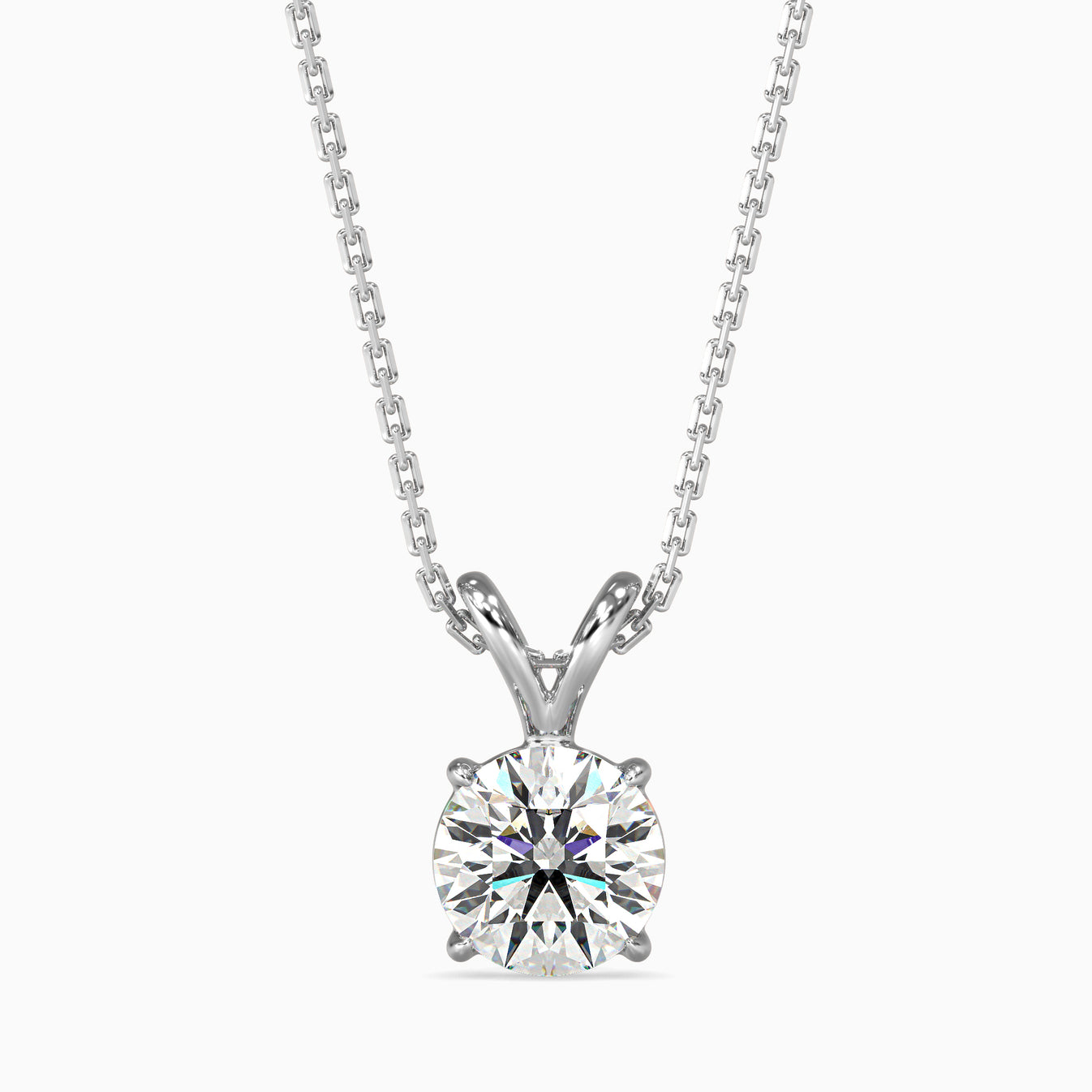 White gold solitaire lab grown diamond necklace on a white background.